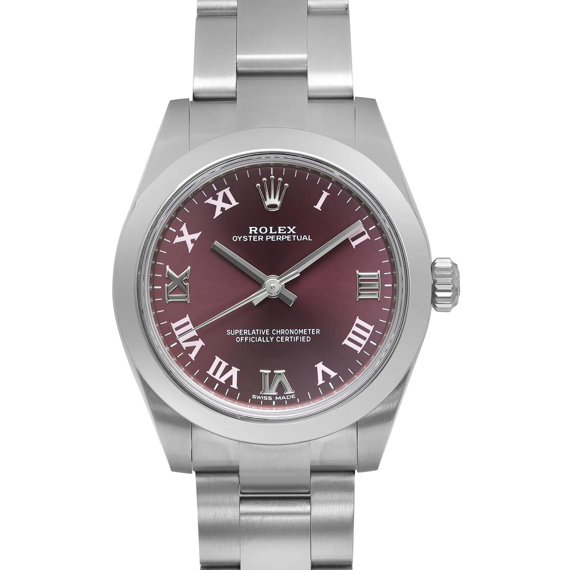 Rolex Oyster Perpetual Stainless Steel Red Grape Dial Automatic Watch 177200 In Excellent Condition In New York, NY
