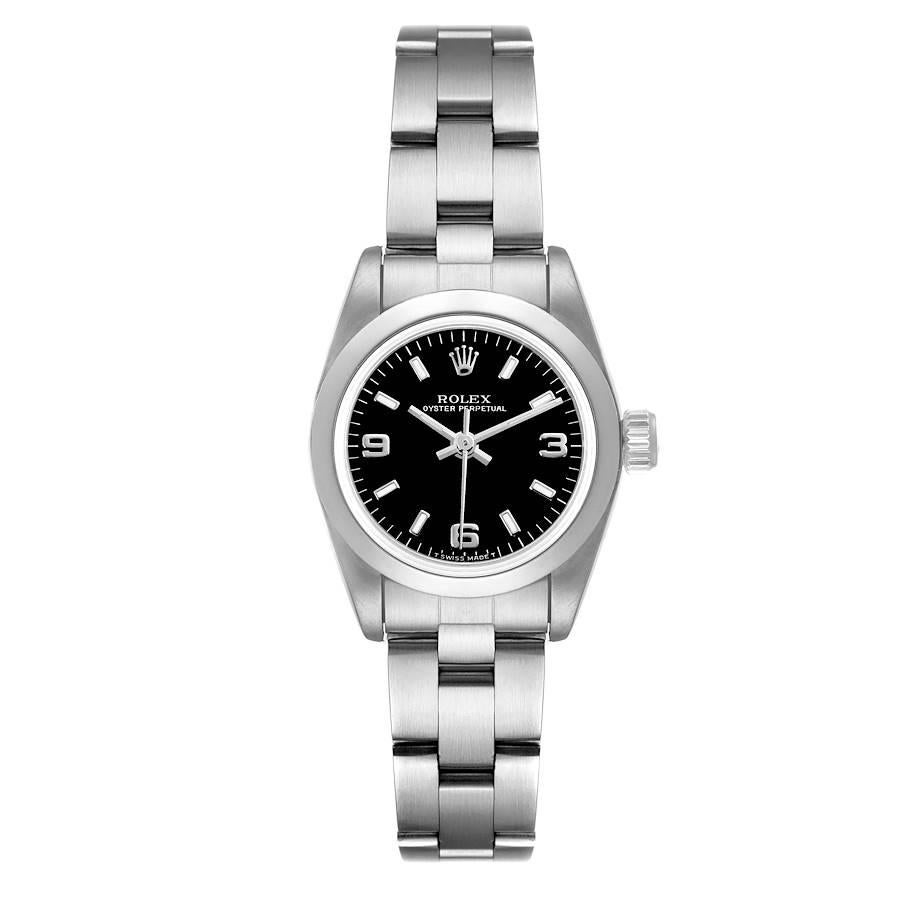 Rolex Oyster Perpetual Steel Black Dial Ladies Watch 67180. Officially certified chronometer self-winding movement. Stainless steel oyster case 24.0 mm in diameter. Rolex logo on a crown. Stainless steel smooth domed bezel. Scratch resistant