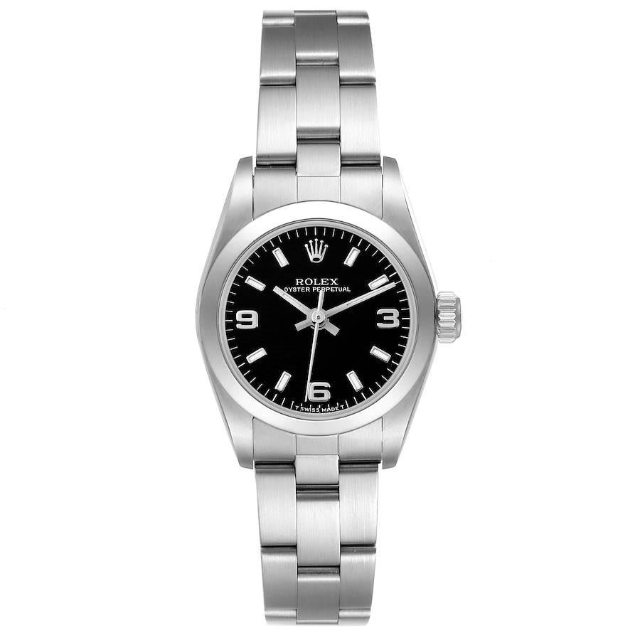 Rolex Oyster Perpetual Steel Black Dial Ladies Watch 67180. Officially certified chronometer self-winding movement. Stainless steel oyster case 24.0 mm in diameter. Rolex logo on a crown. Stainless steel smooth domed bezel. Scratch resistant