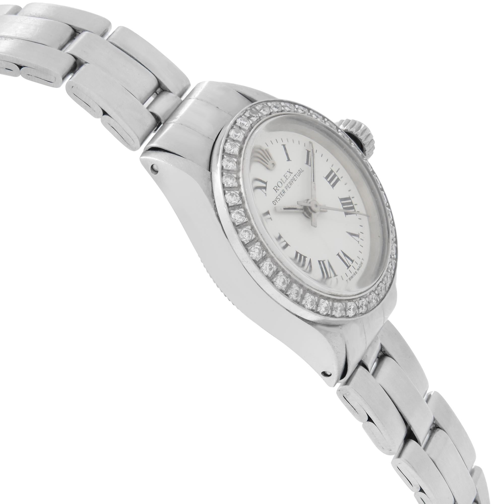 Rolex Oyster Perpetual Steel Custom Bezel White Roman Dial Ladies Watch 6718 In Good Condition In New York, NY