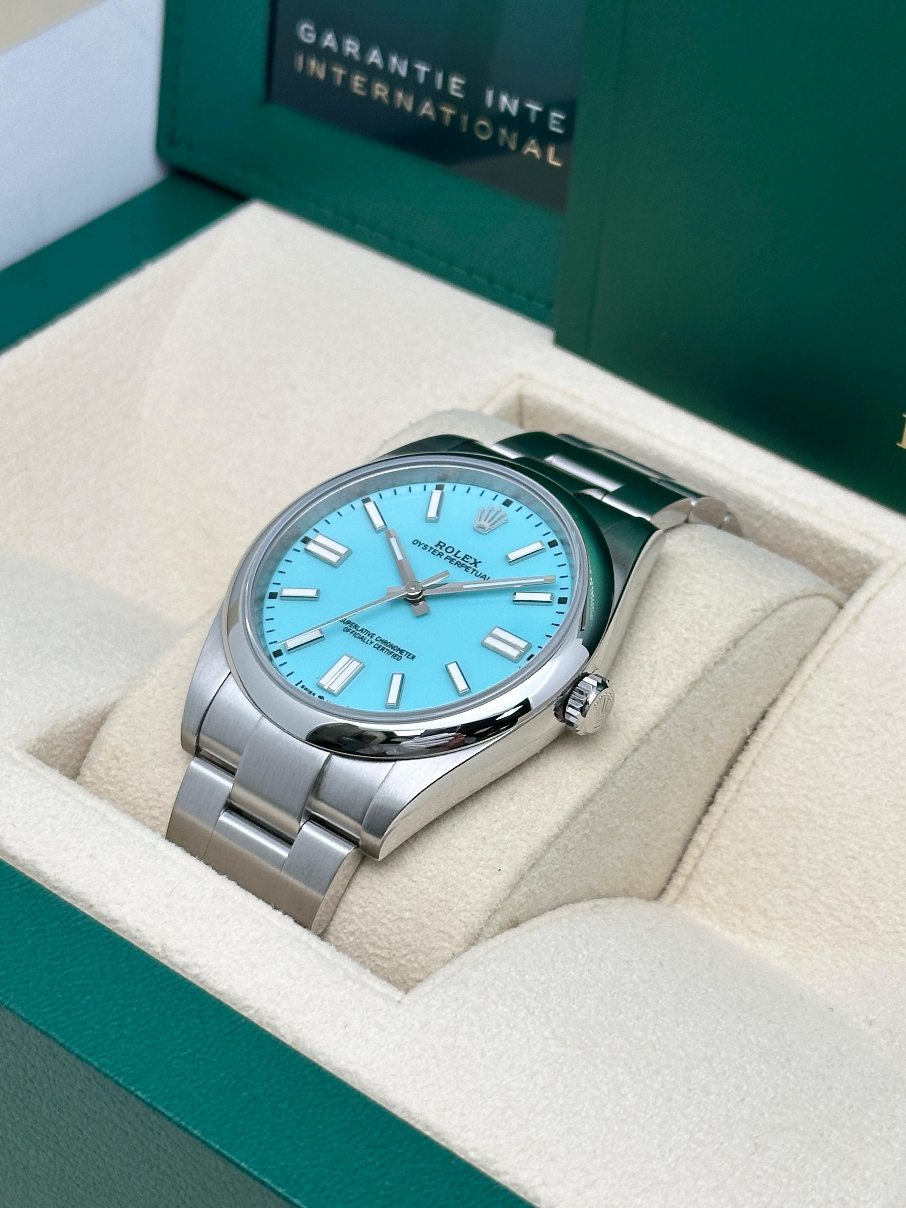 Unworn Rolex Oyster Perpetual Steel Custom Blue Turquoise Dial Watch 124300 For Sale 6