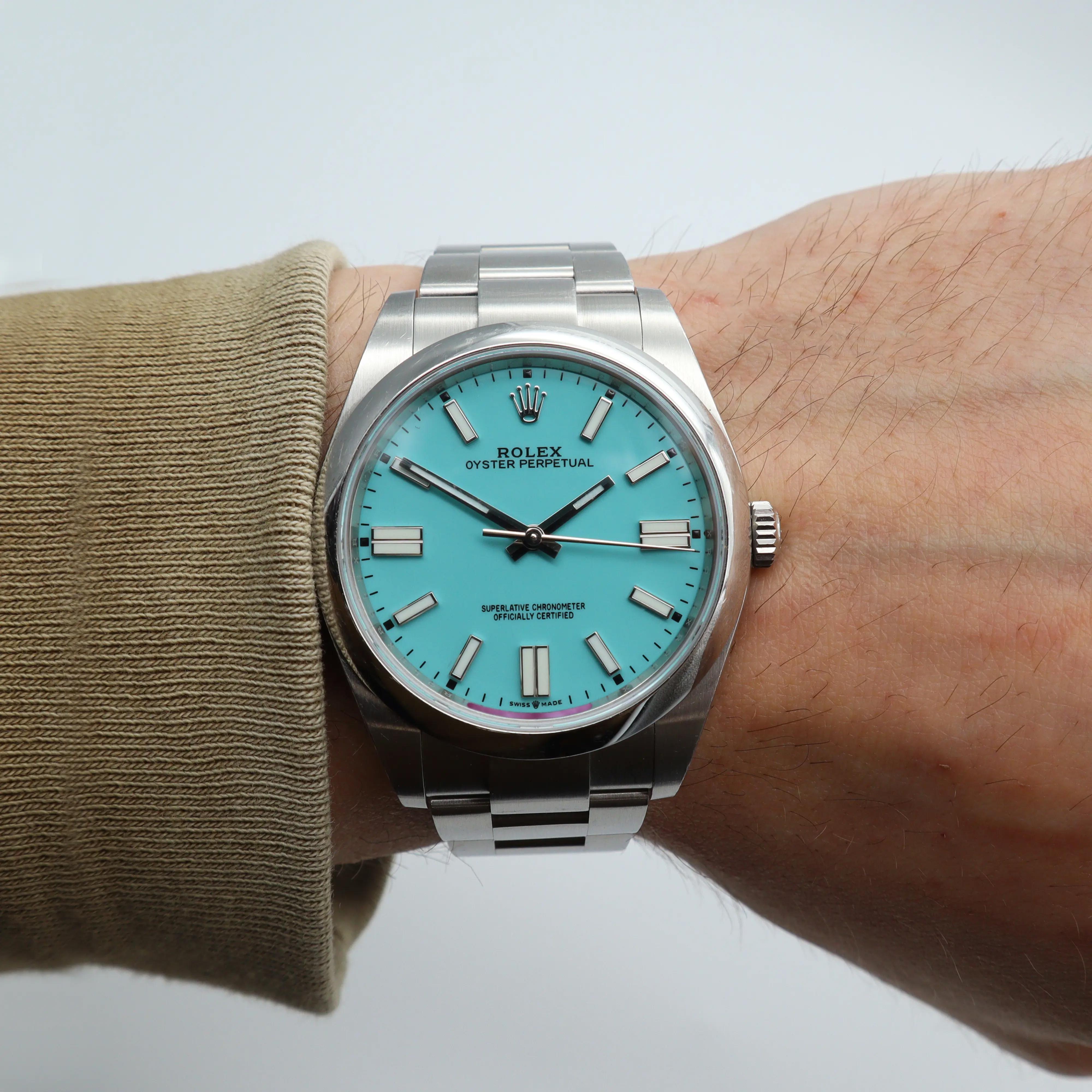 Unworn Rolex Oyster Perpetual Steel Custom Blue Turquoise Dial Watch 124300 For Sale 7