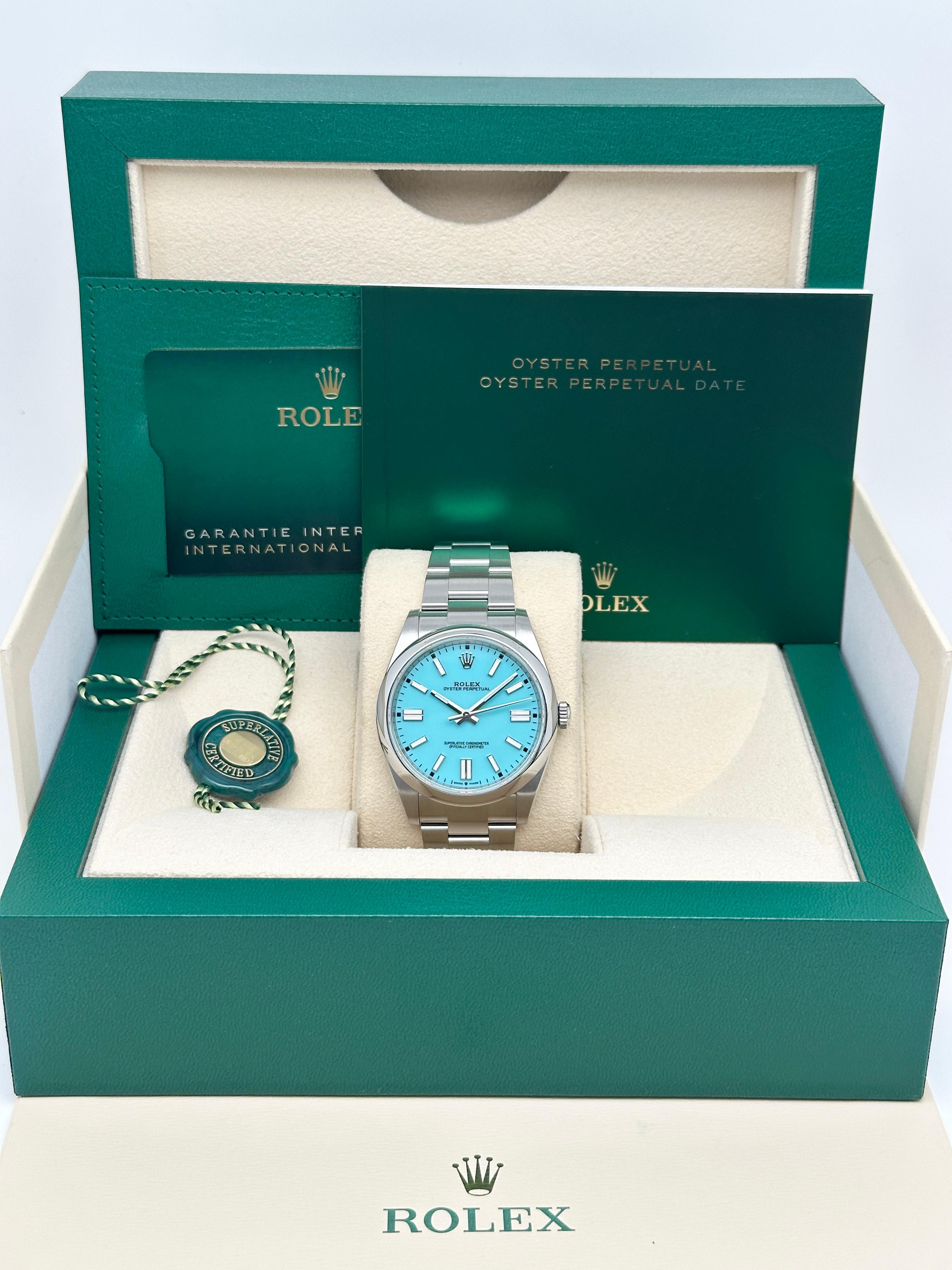 Unworn Rolex Oyster Perpetual Steel Custom Blue Turquoise Dial Watch 124300 For Sale 10