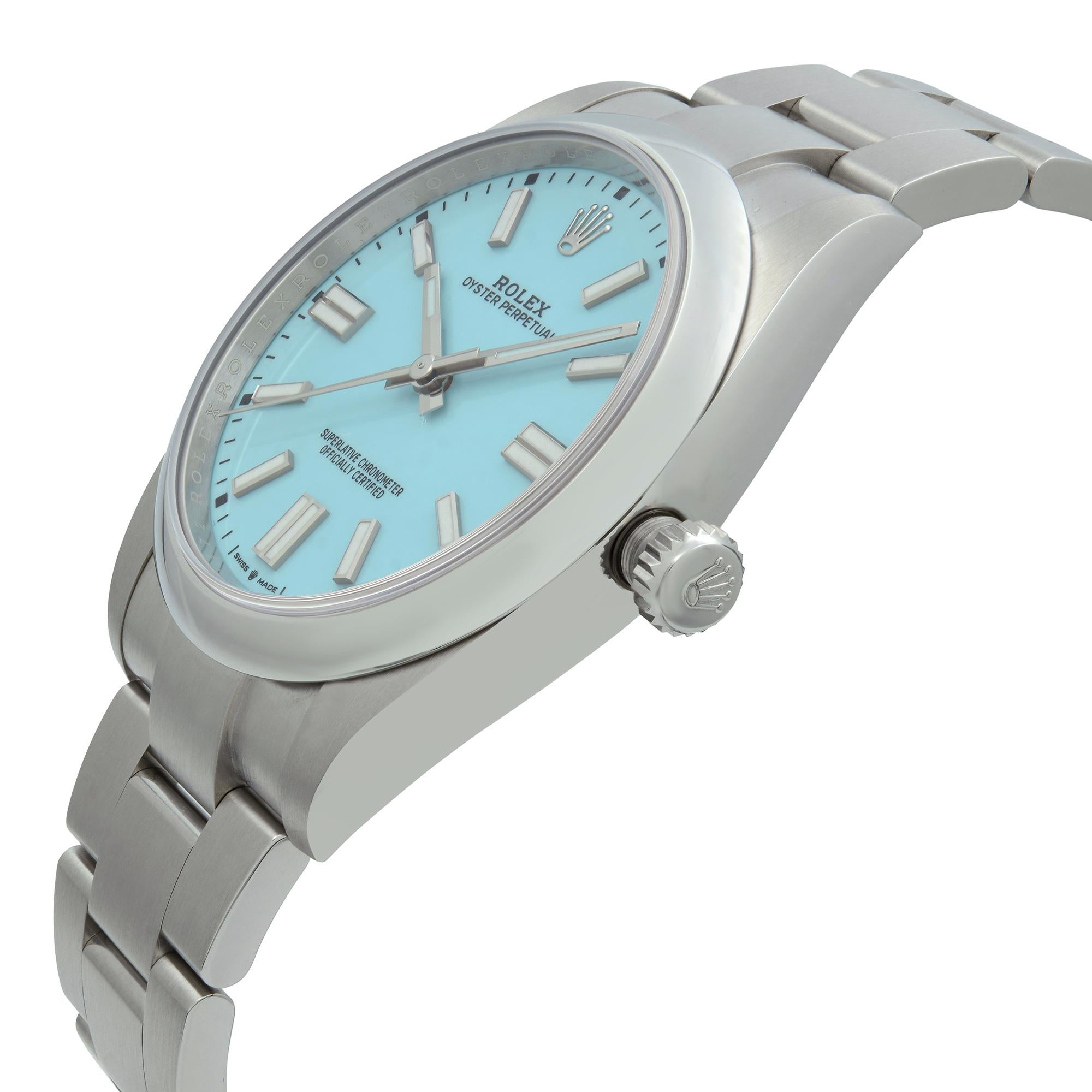 Unworn Rolex Oyster Perpetual Steel Custom Blue Turquoise Dial Watch 124300 In New Condition For Sale In New York, NY