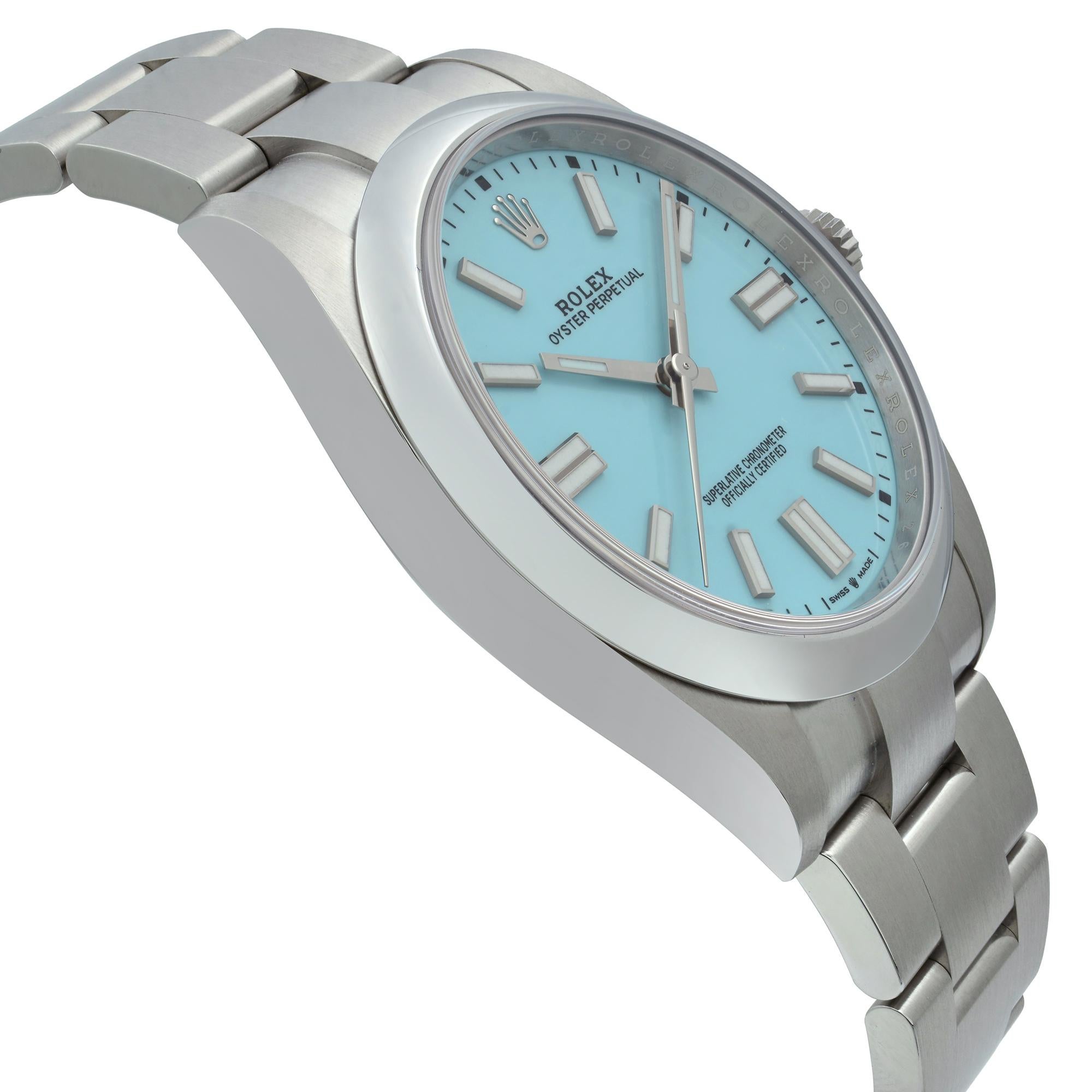 Men's Unworn Rolex Oyster Perpetual Steel Custom Blue Turquoise Dial Watch 124300 For Sale