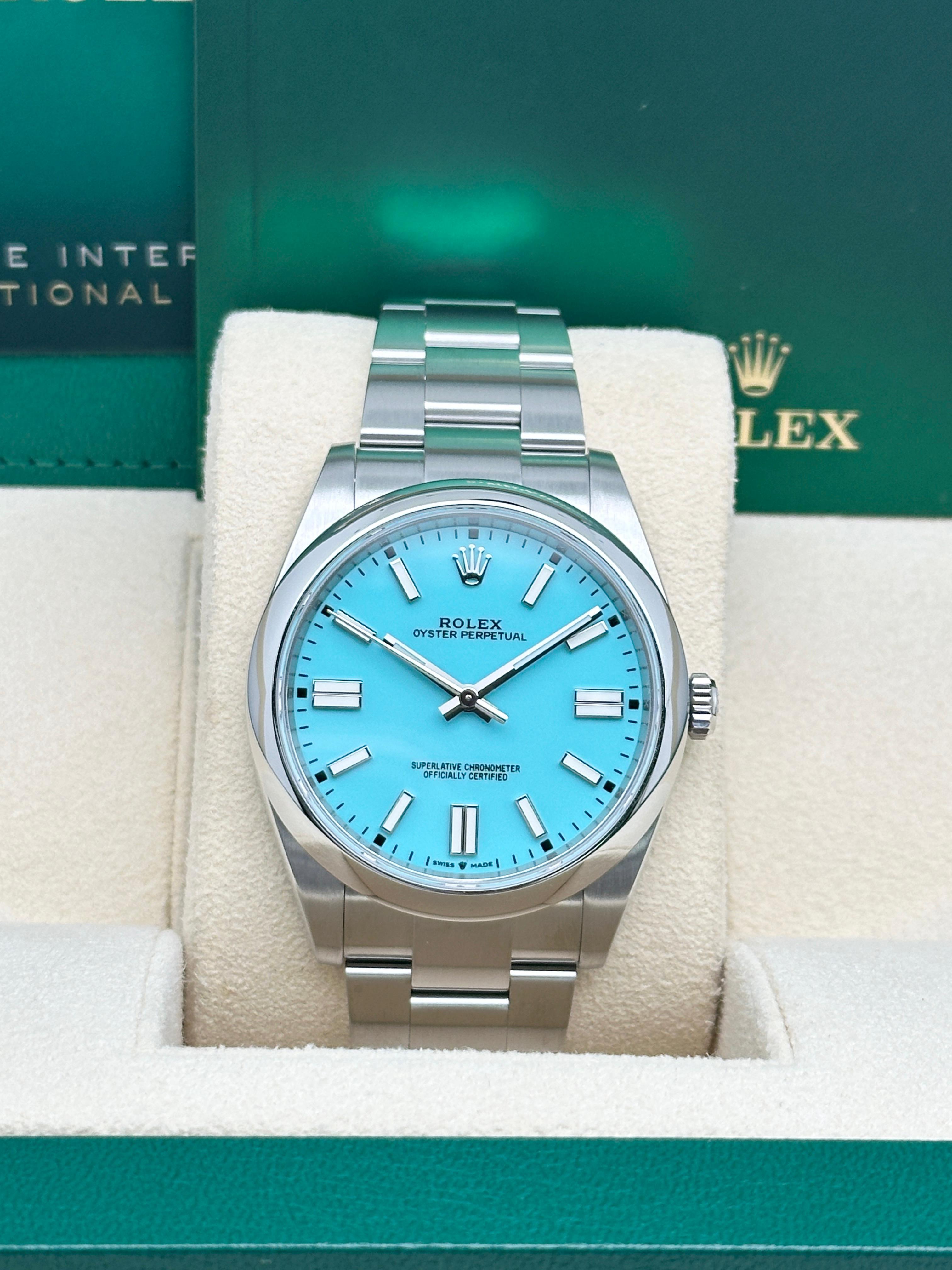 Unworn Rolex Oyster Perpetual Steel Custom Blue Turquoise Dial Watch 124300 For Sale 3