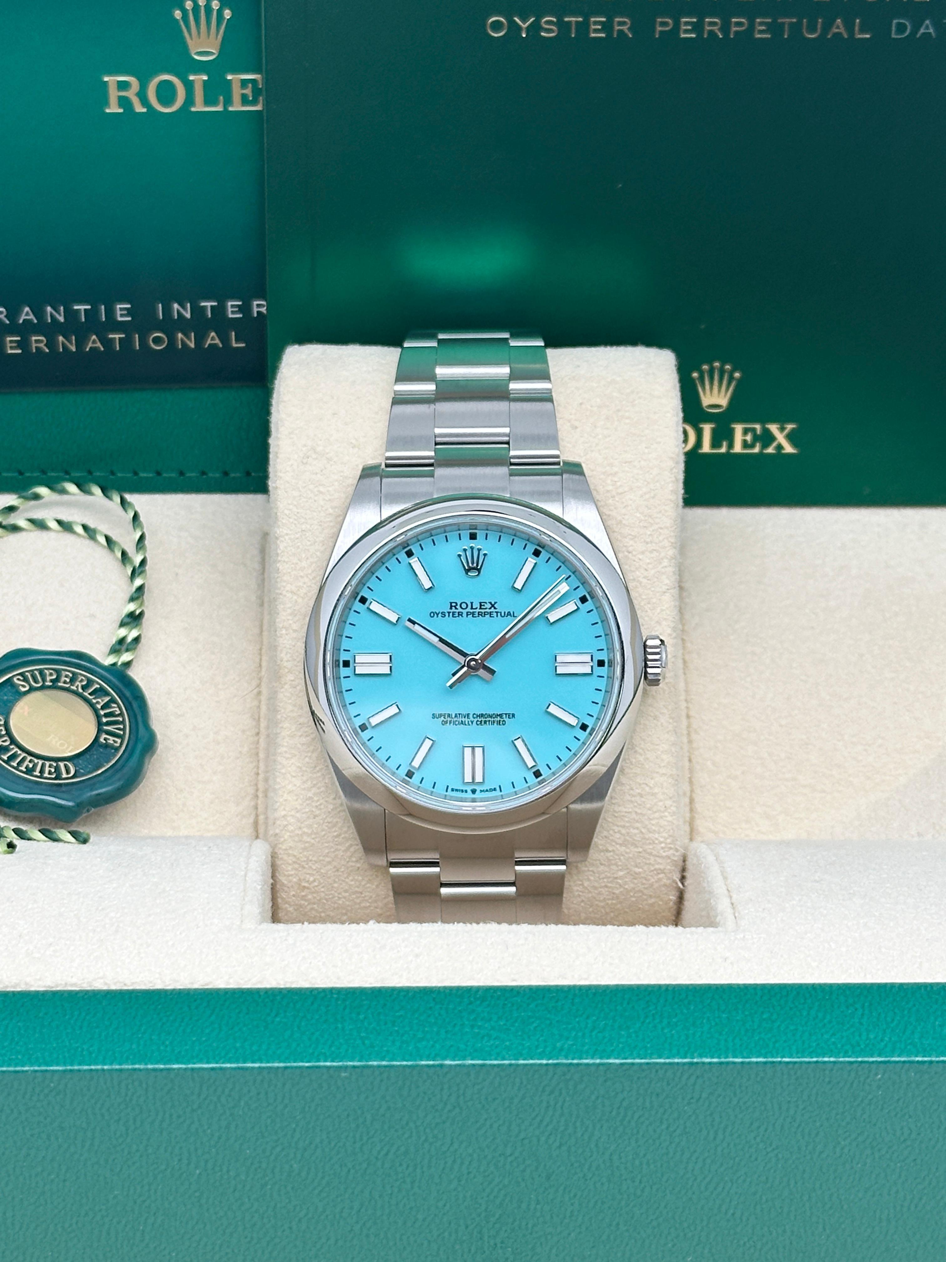 Unworn Rolex Oyster Perpetual Steel Custom Blue Turquoise Dial Watch 124300 For Sale 4