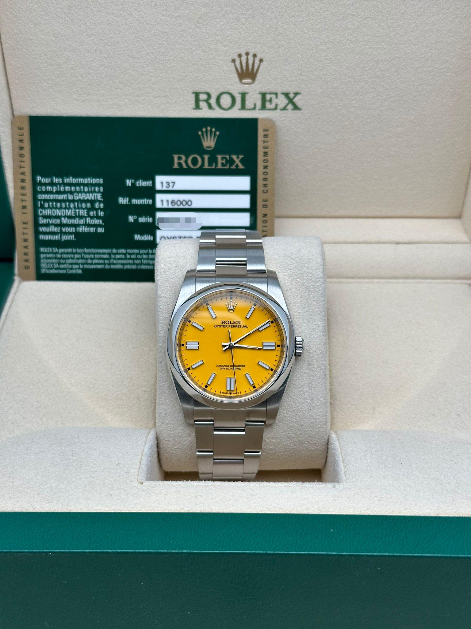 Rolex Montre Oyster Perpetual en acier avec cadran jaune sur mesure pour hommes 116000 en vente 7