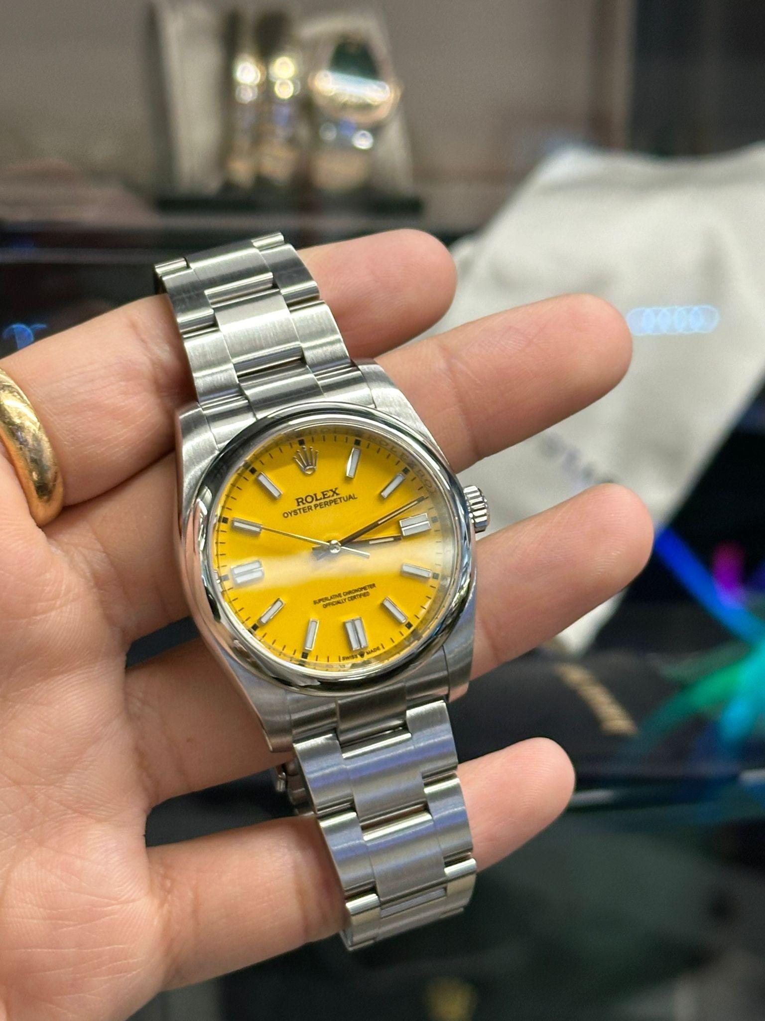 Rolex Oyster Perpetual Steel Custom Yellow Dial Oyster Men Watch 116000 For Sale 2