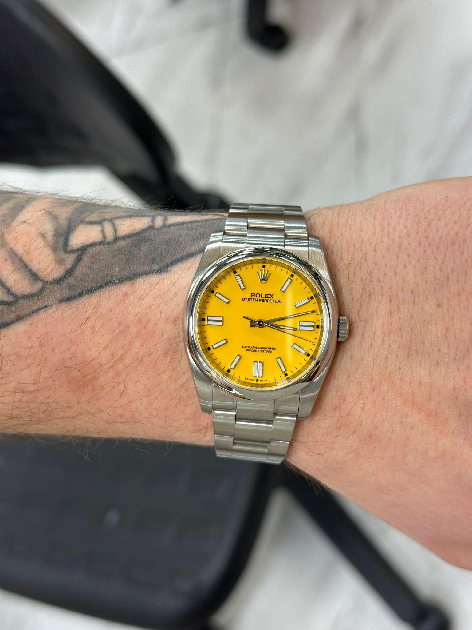 Rolex Oyster Perpetual Steel Custom Yellow Dial Oyster Men Watch 116000 For Sale 4