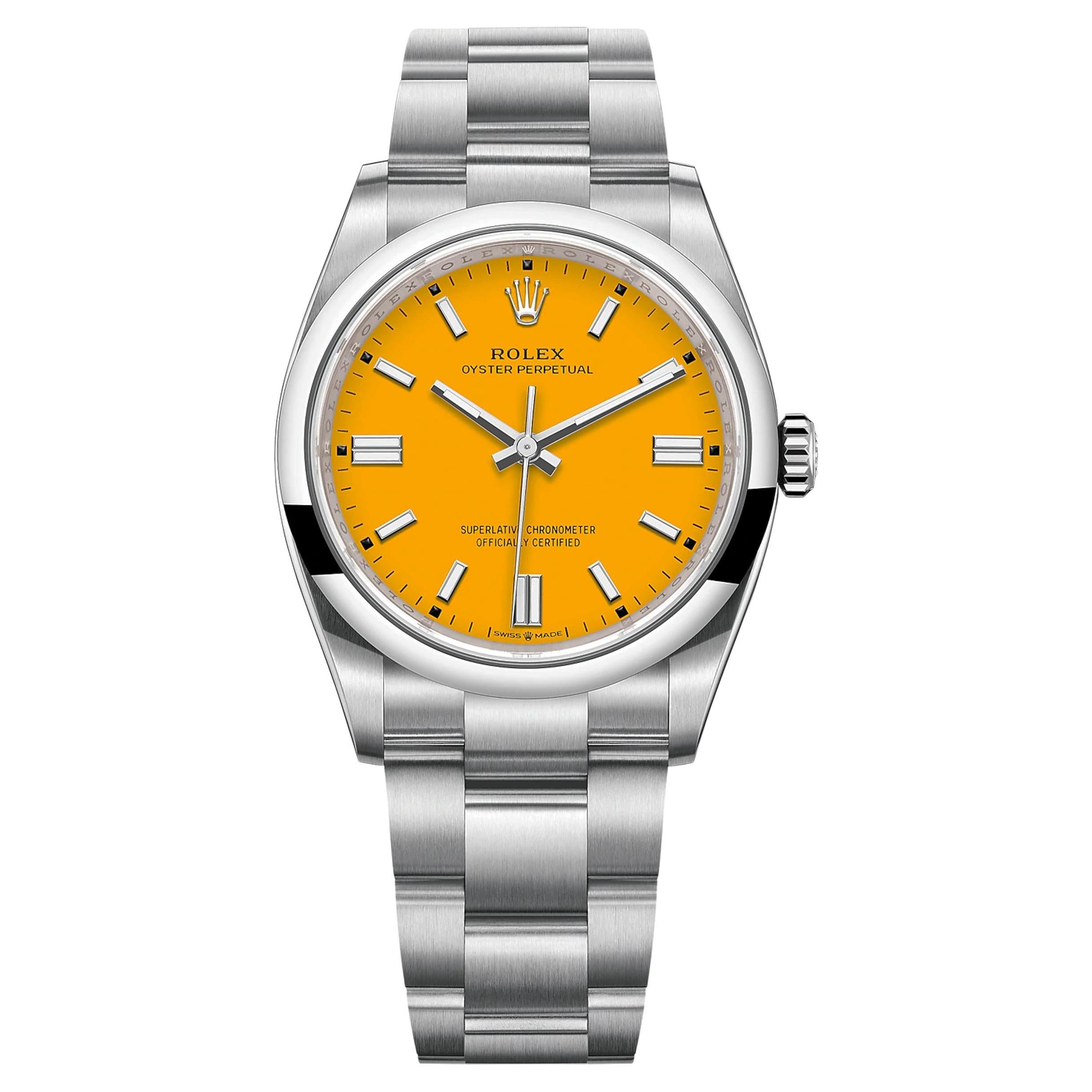 Rolex Oyster Perpetual Steel Custom Yellow Dial Oyster Men Watch 116000