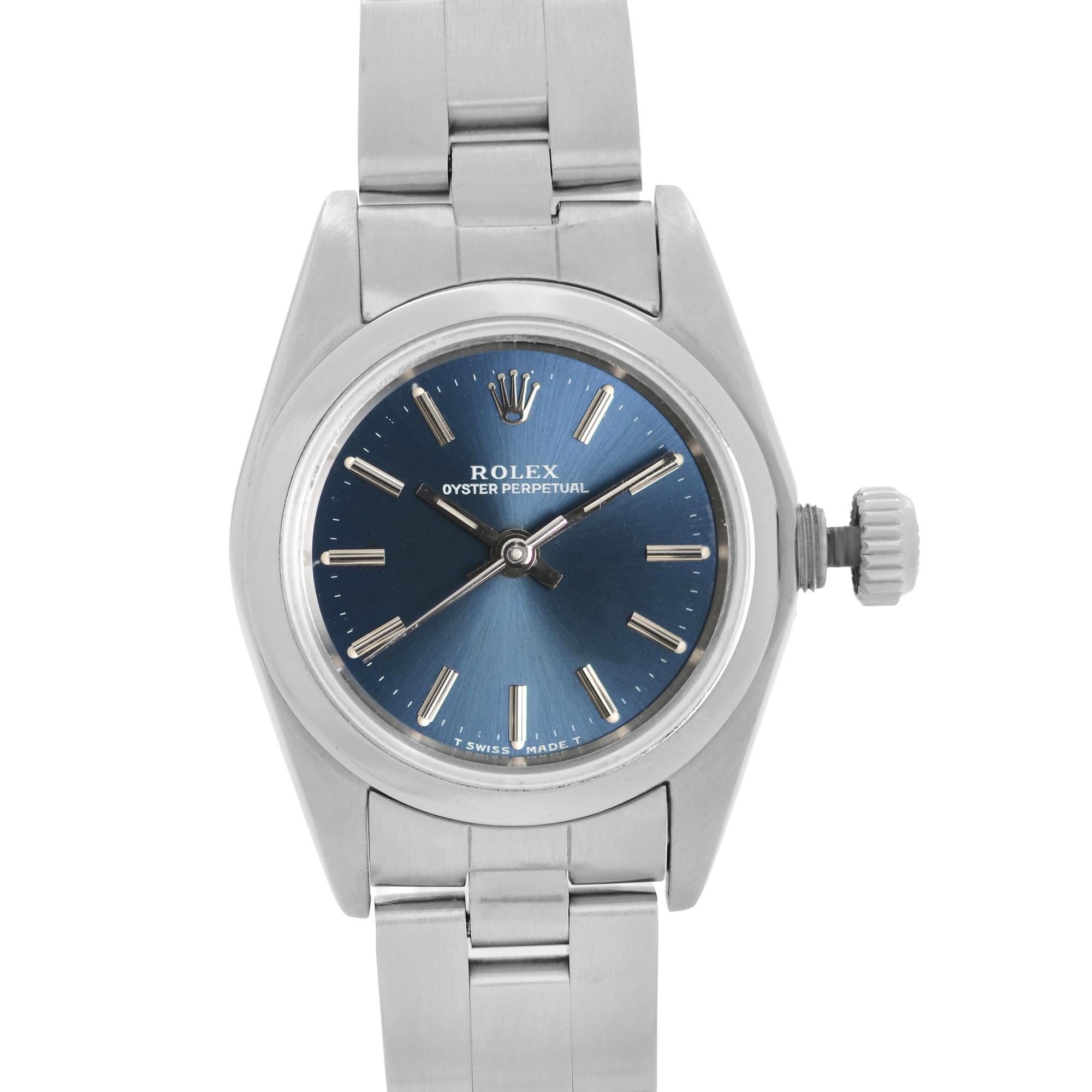 Pre Owned Rolex Oyster Perpetual Stainless Steel Blue Dial Ladies Automatic Watch 67180. This Beautiful Timepiece was Produced in 1994 & is Powered by Mechanical (Automatic) Movement And Features: Round Stainless Steel Case & Bracelet, Fixed Smooth