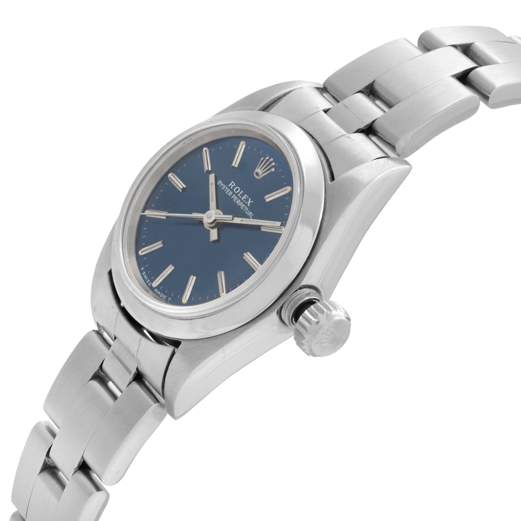 Rolex Oyster Perpetual Steel No Holes Blue Dial Ladies Automatic Watch 67180 In Excellent Condition In New York, NY