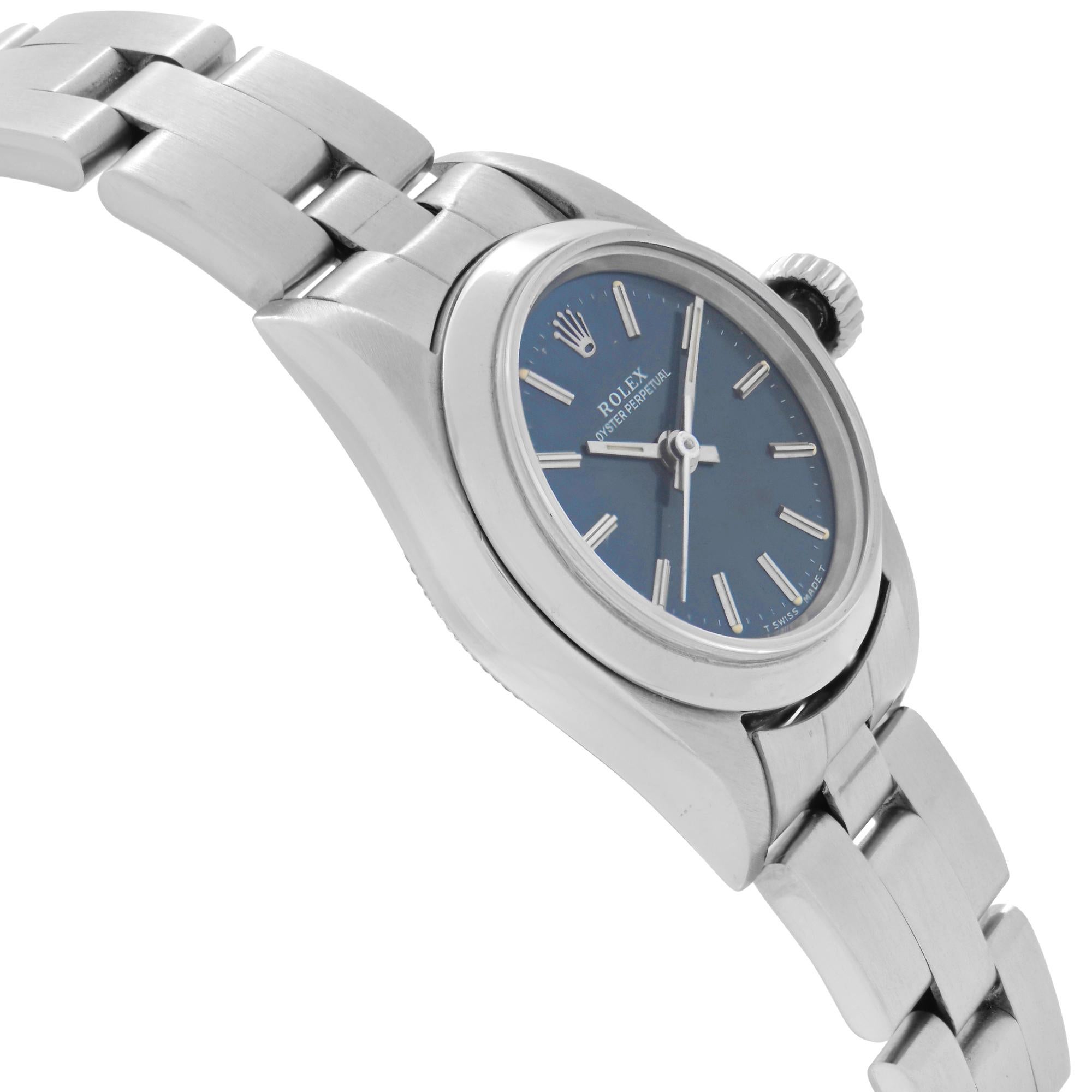 Women's Rolex Oyster Perpetual Steel No Holes Blue Dial Ladies Automatic Watch 67180