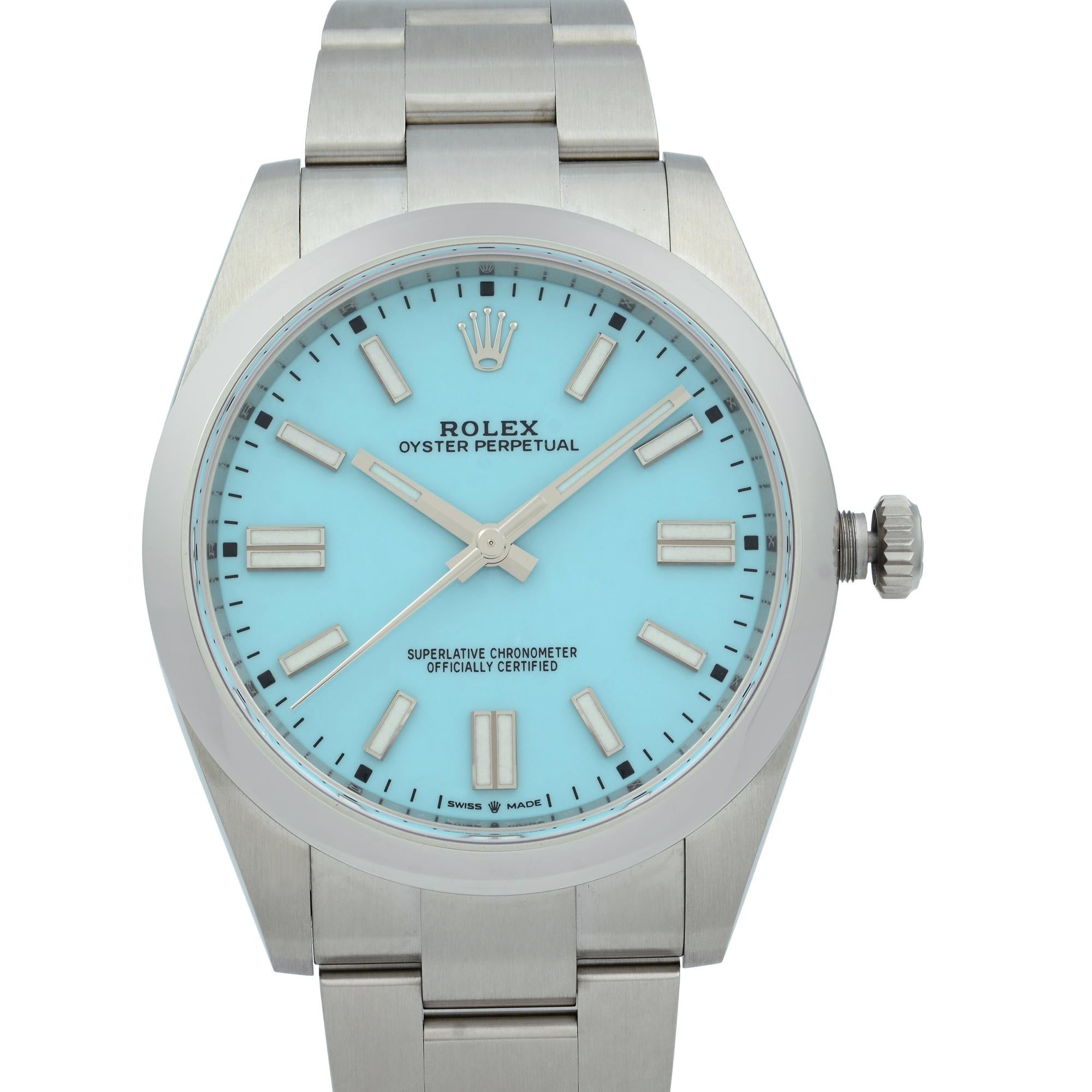 Unworn  Rolex  Oyster Perpetual 124300 41mm Stainless Steel Men's Watch. Tiffany Turquoise Blue Dial. New Style Green Card. Comes with the Original Box and Papers. Covered By 3-Year Chronostore Warranty.
Details:
Brand Rolex
Department Men
Model