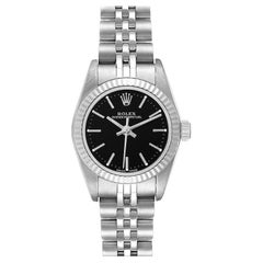 Rolex Oyster Perpetual Steel White Gold Black Dial Ladies Watch 76094 Papers