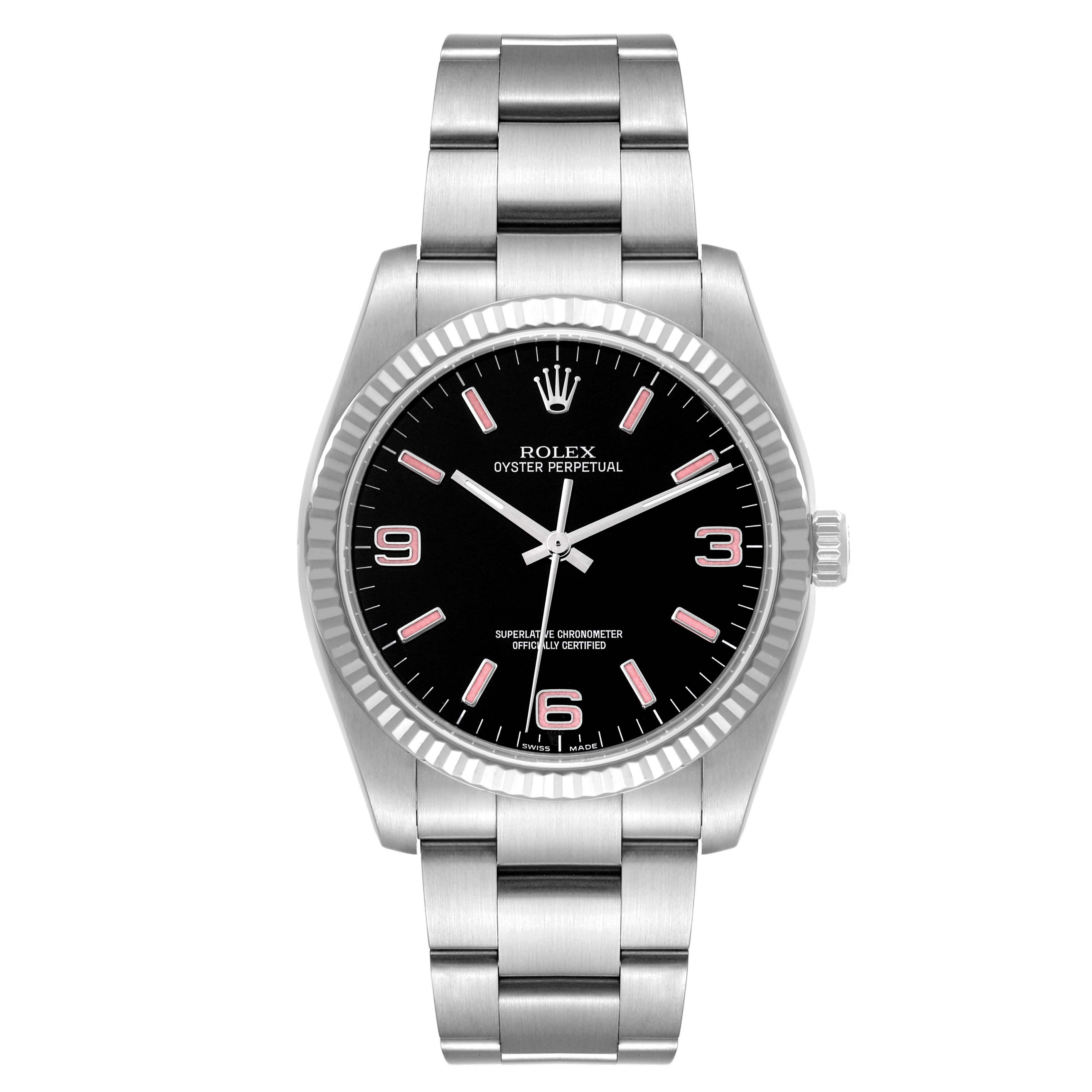 Rolex Oyster Perpetual Steel White Gold Black Dial Mens Watch 116034 Box Card. Officially certified chronometer self-winding movement. Stainless steel case 36.0 mm in diameter. Rolex logo on a crown. 18K white gold fluted bezel. Scratch resistant