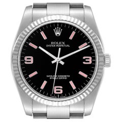Rolex Oyster Perpetual Steel White Gold Black Dial Mens Watch 116034 Box Card