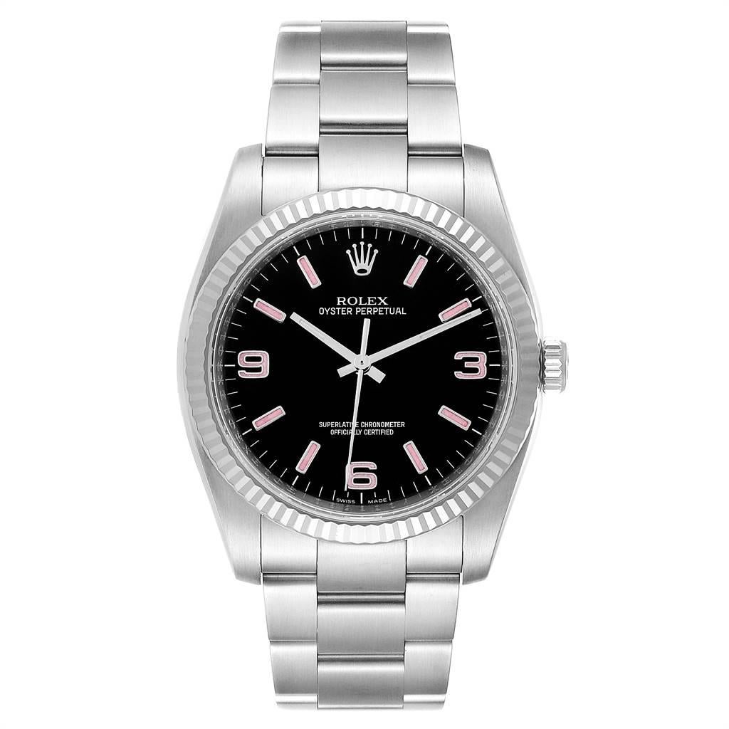 Rolex Oyster Perpetual Steel White Gold Black Dial Watch 116034 Box Card. Officially certified chronometer self-winding movement. Stainless steel case 36.0 mm in diameter. Rolex logo on a crown. 18K white gold fluted bezel. Scratch resistant