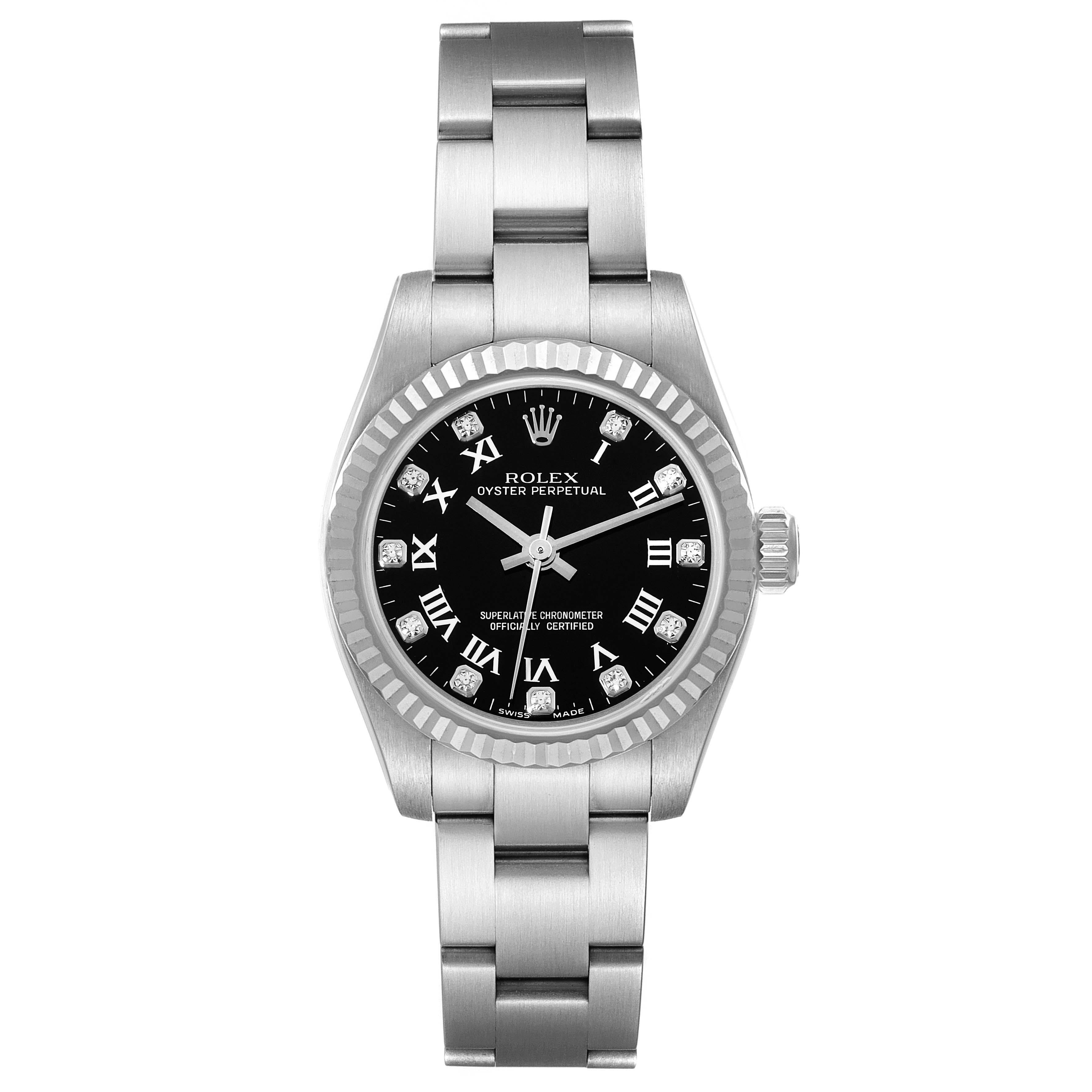 Rolex Oyster Perpetual Steel White Gold Diamond Ladies Watch 176234 Box Card. Officially certified chronometer self-winding movement with quickset date function. Stainless steel oyster case 26.0 mm in diameter. Rolex logo on a crown. 18K white gold