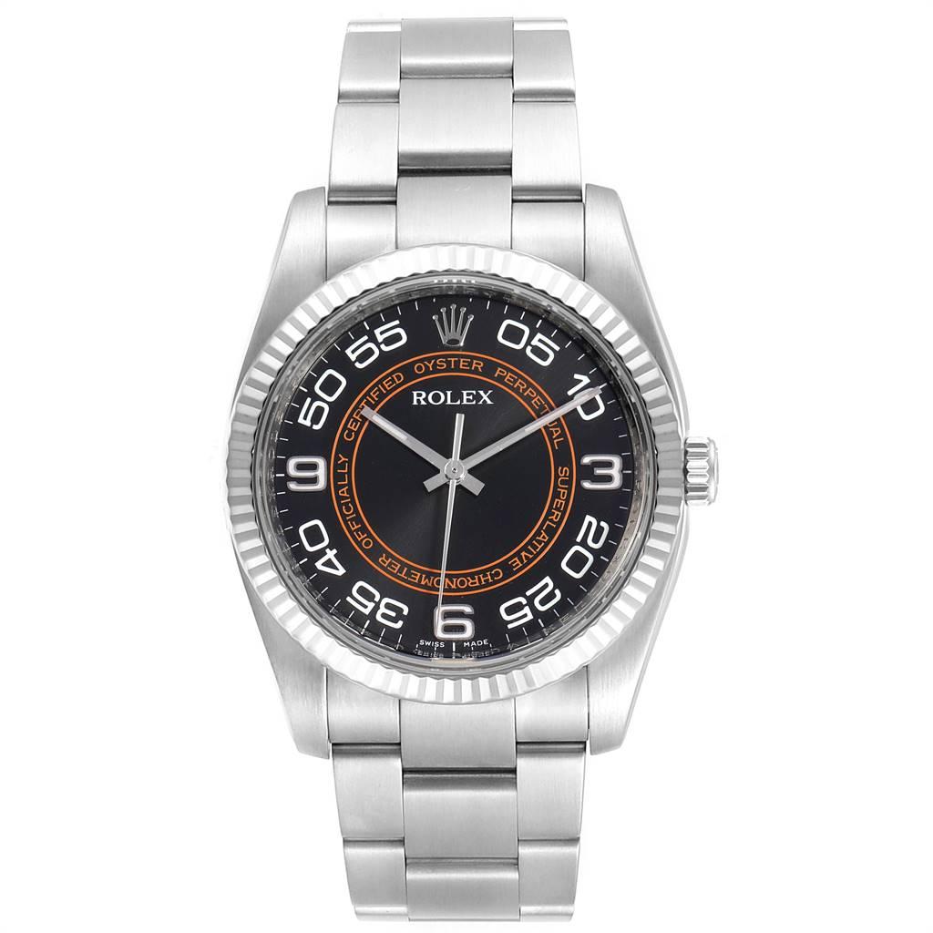 Rolex Oyster Perpetual Steel White Gold Harley Dial Mens Watch 116034. Officially certified chronometer self-winding movement. Stainless steel case 36.0 mm in diameter. Rolex logo on a crown. 18K white gold fluted bezel. Scratch resistant sapphire