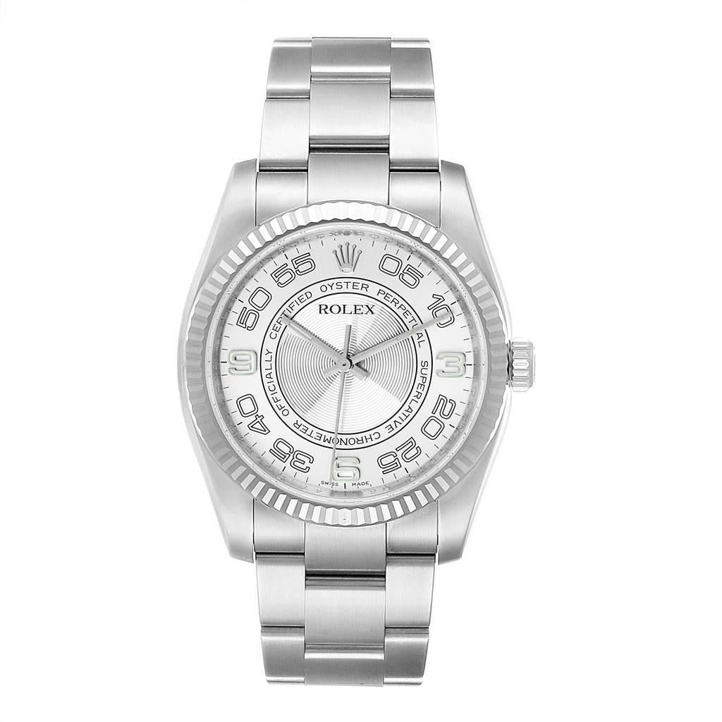 Rolex Oyster Perpetual Steel White Gold Silver Dial Mens Watch 116034. Officially certified chronometer self-winding movement. Stainless steel case 36.0 mm in diameter. Rolex logo on a crown. 18K white gold fluted bezel. Scratch resistant sapphire
