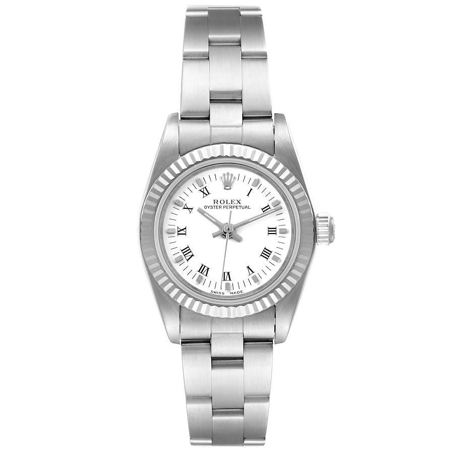 Rolex Oyster Perpetual Steel White Gold White Dial Ladies Watch 76094. Officially certified chronometer self-winding movement. Stainless steel oyster case 24.0 mm in diameter. Rolex logo on a crown. 18k white gold fluted bezel. Scratch resistant