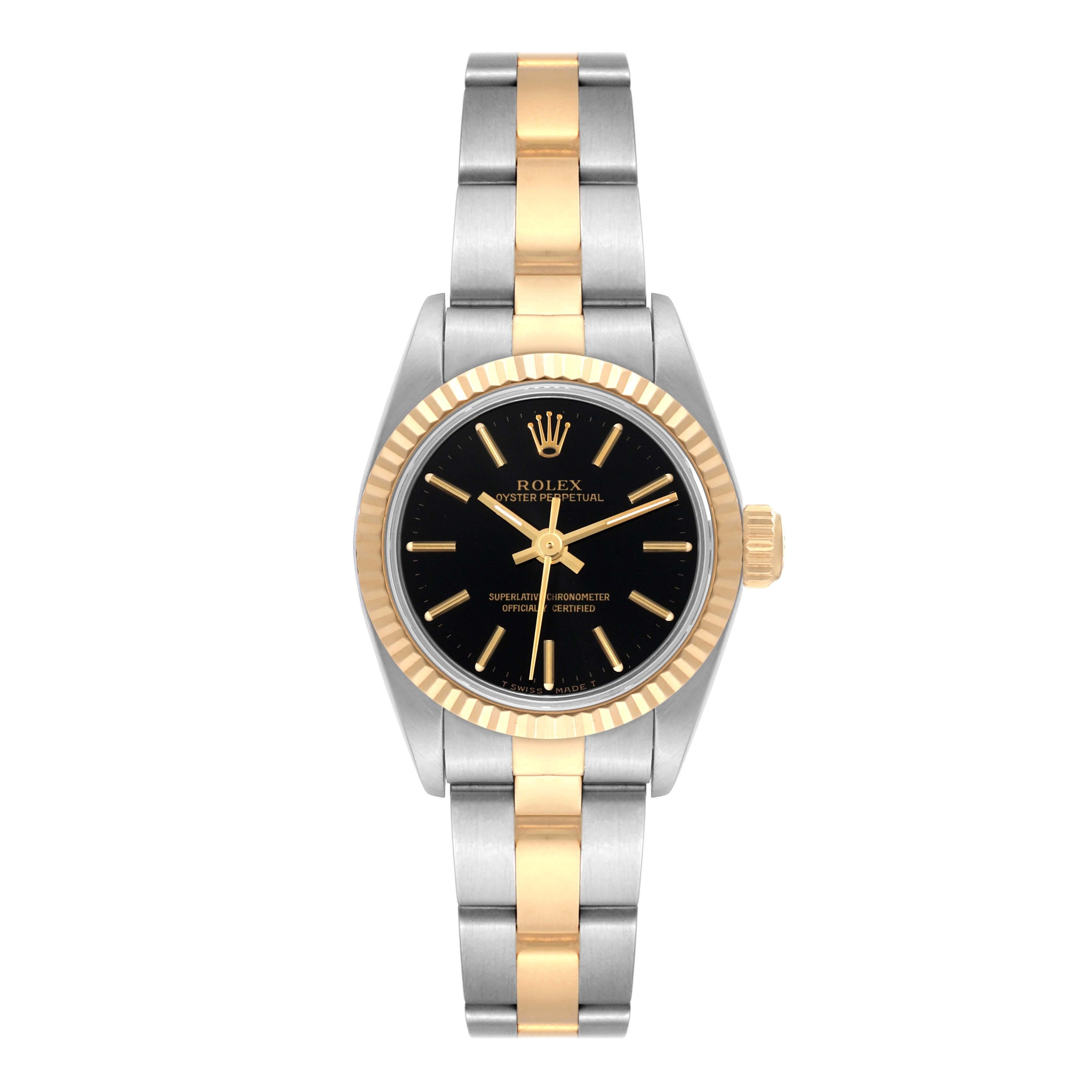 Women's Rolex Oyster Perpetual Steel Yellow Gold Black Dial Ladies Watch 67193