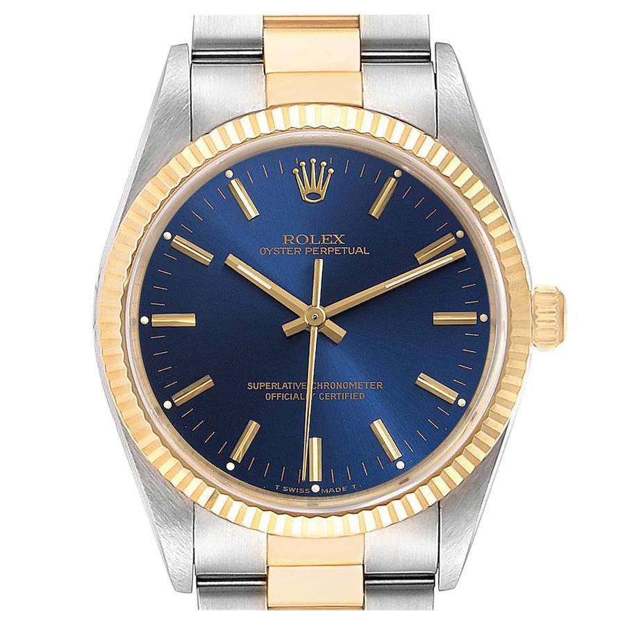 Rolex Oyster Perpetual Steel Yellow Gold Blue Dial Mens Watch 14233 For Sale