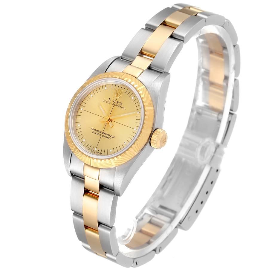 Rolex Oyster Perpetual Steel Yellow Gold Champagne Dial Ladies Watch 76243 In Excellent Condition For Sale In Atlanta, GA