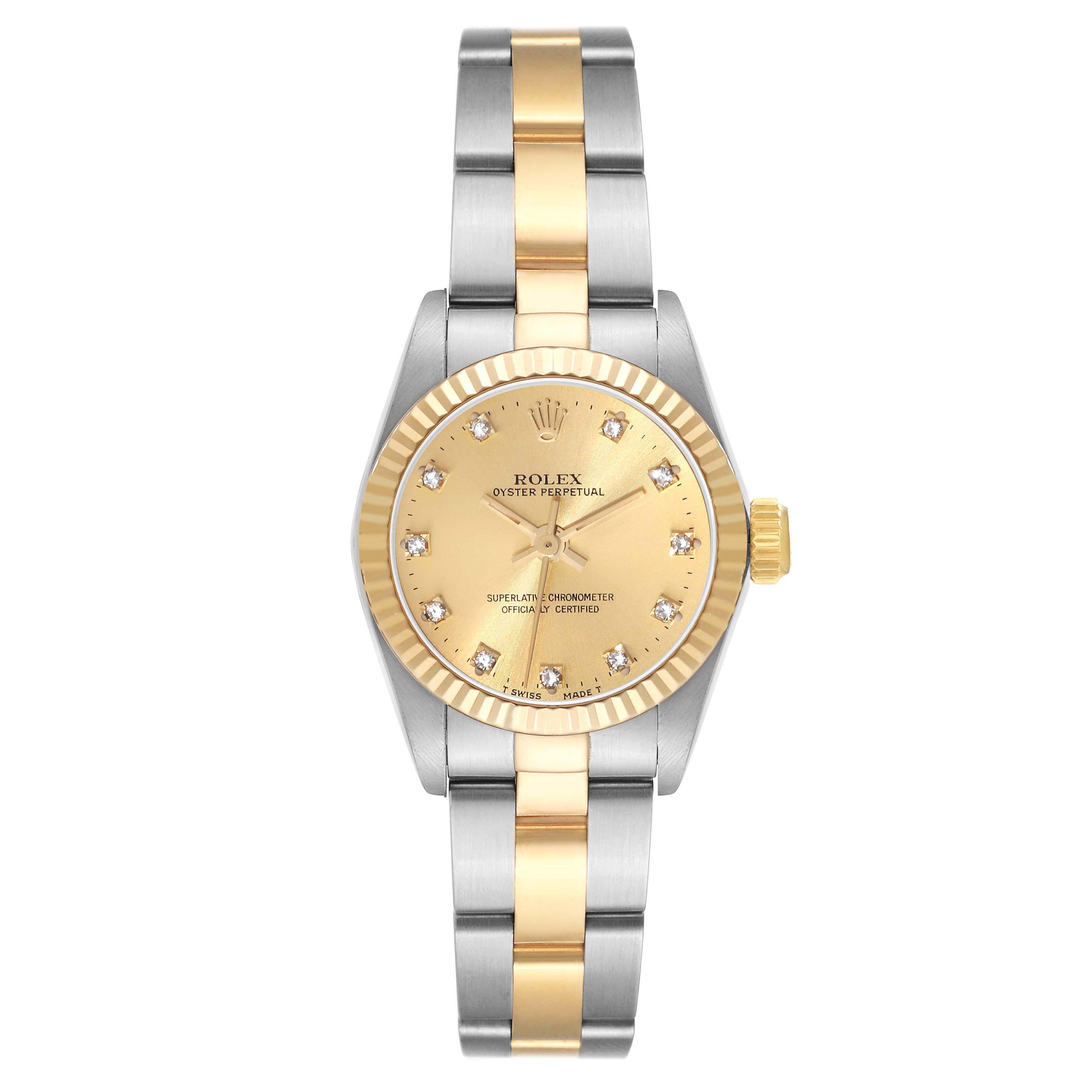 Rolex Oyster Perpetual Steel Yellow Gold Diamond Dial Ladies Watch 67193. Officially certified chronometer automatic self-winding movement. Stainless steel oyster case 24.0 mm in diameter. Rolex logo on an 18k yellow gold crown. 18k yellow gold