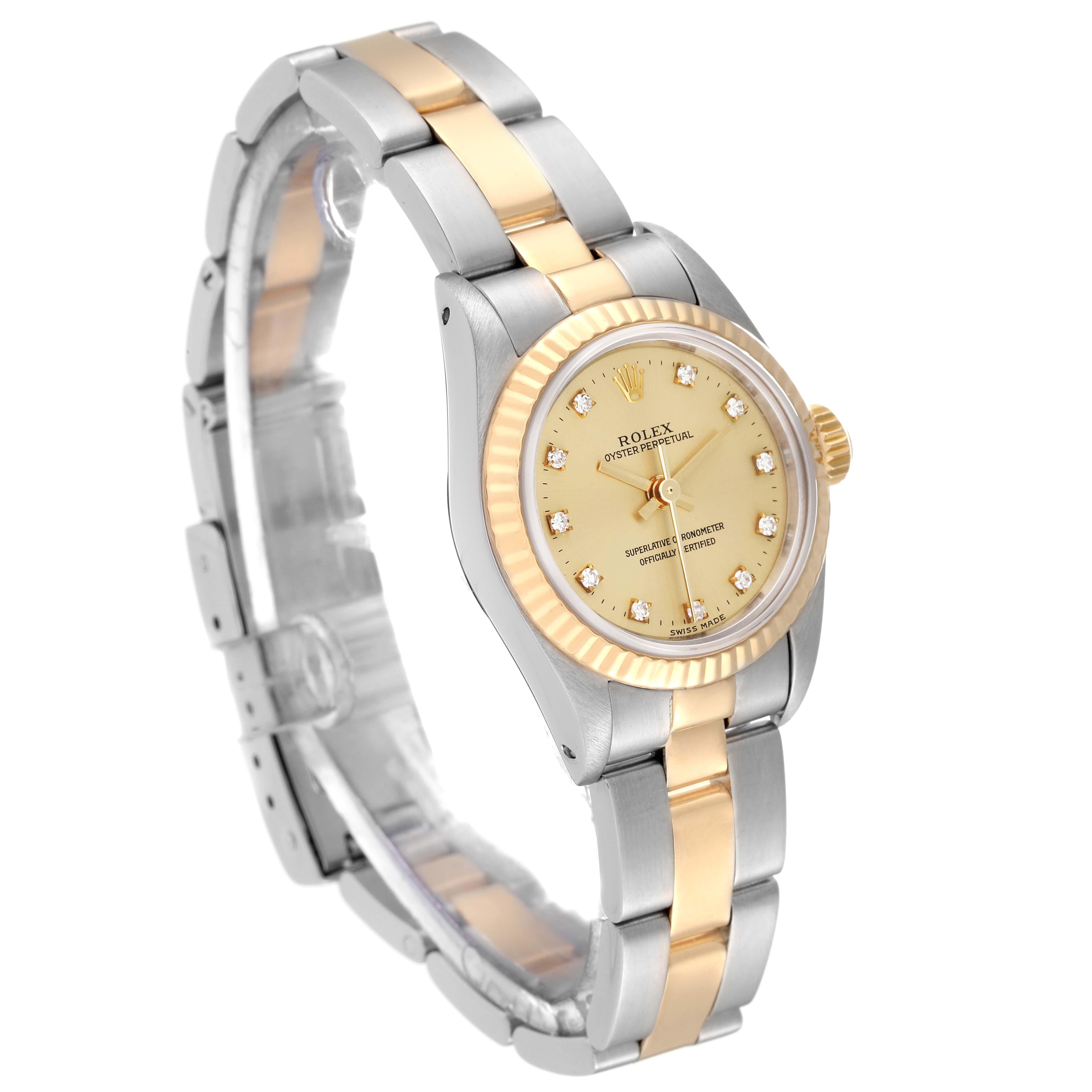 Rolex Oyster Perpetual Steel Yellow Gold Diamond Dial Ladies Watch 67193 In Excellent Condition In Atlanta, GA