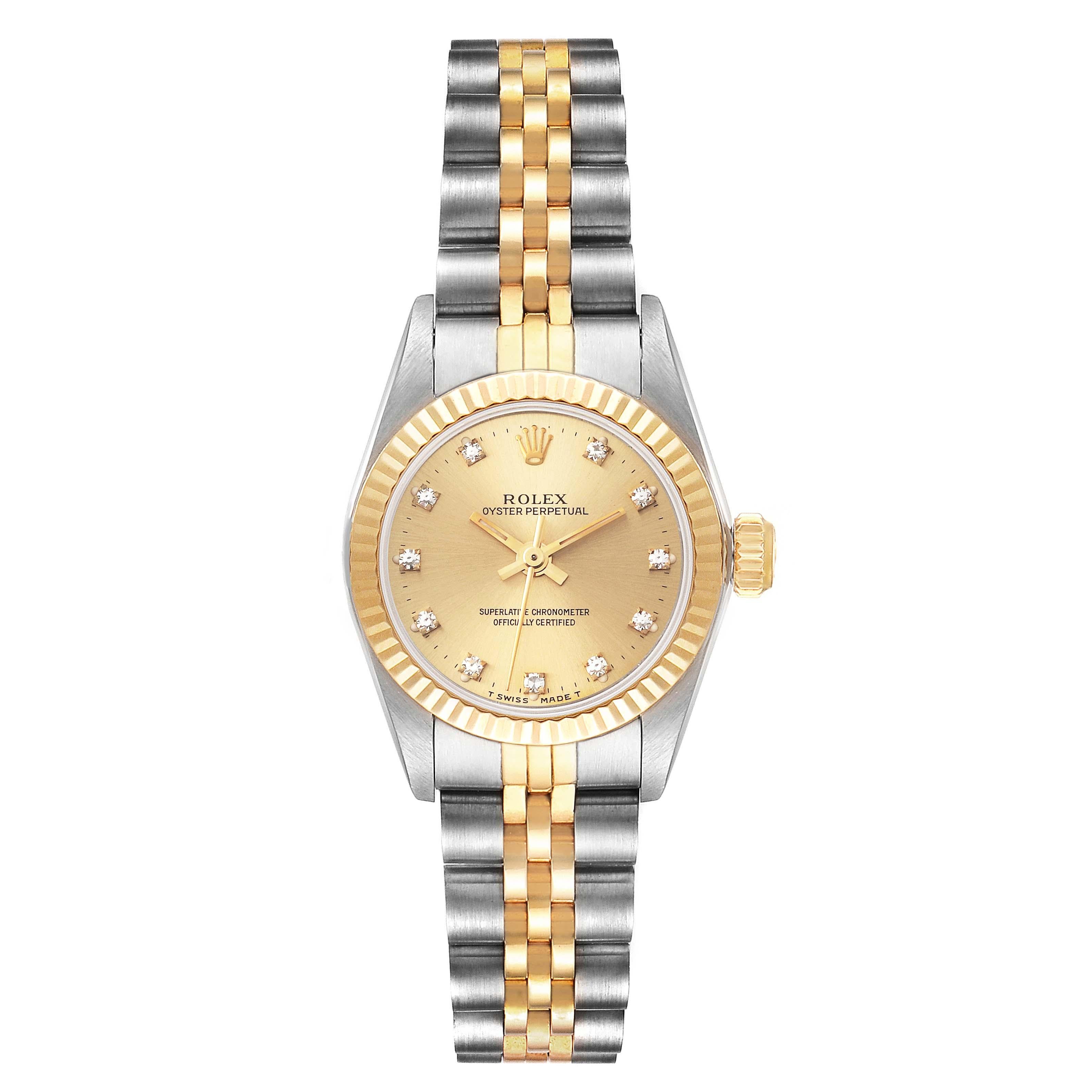 Rolex Oyster Perpetual Steel Yellow Gold Diamond Dial Ladies Watch 67193 Papers. Officially certified chronometer automatic self-winding movement. Stainless steel oyster case 24.0 mm in diameter. Rolex logo on an 18k yellow gold crown. 18k yellow