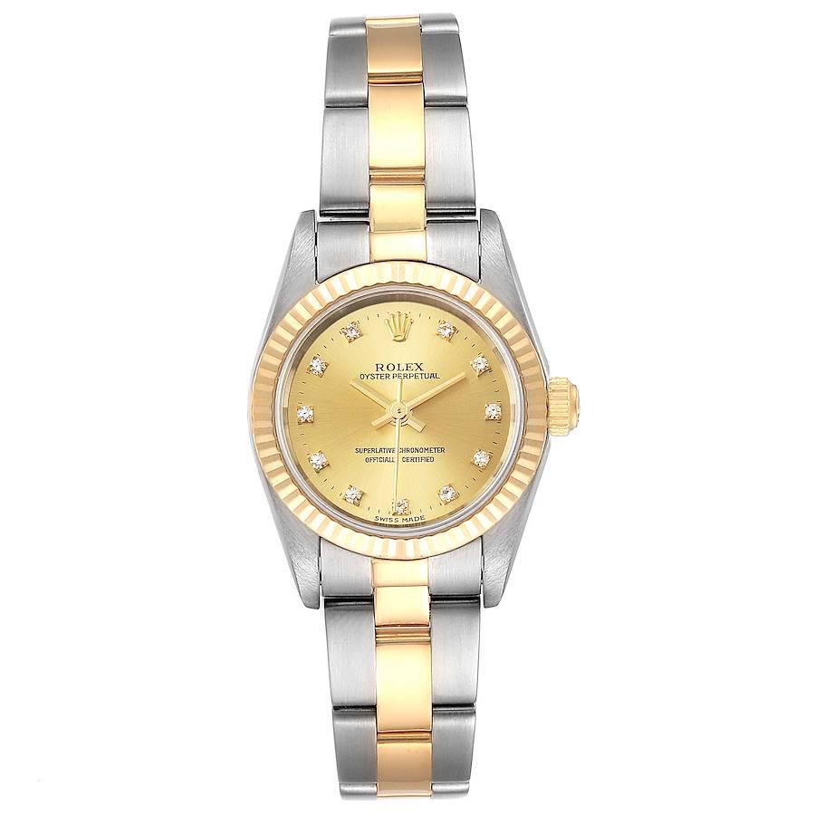 Rolex Oyster Perpetual Steel Yellow Gold Diamond Ladies Watch 76193. Officially certified chronometer self-winding movement. Stainless steel oyster case 24.0 mm in diameter. Rolex logo on a 18k yellow gold crown. 18k yellow gold fluted bezel.