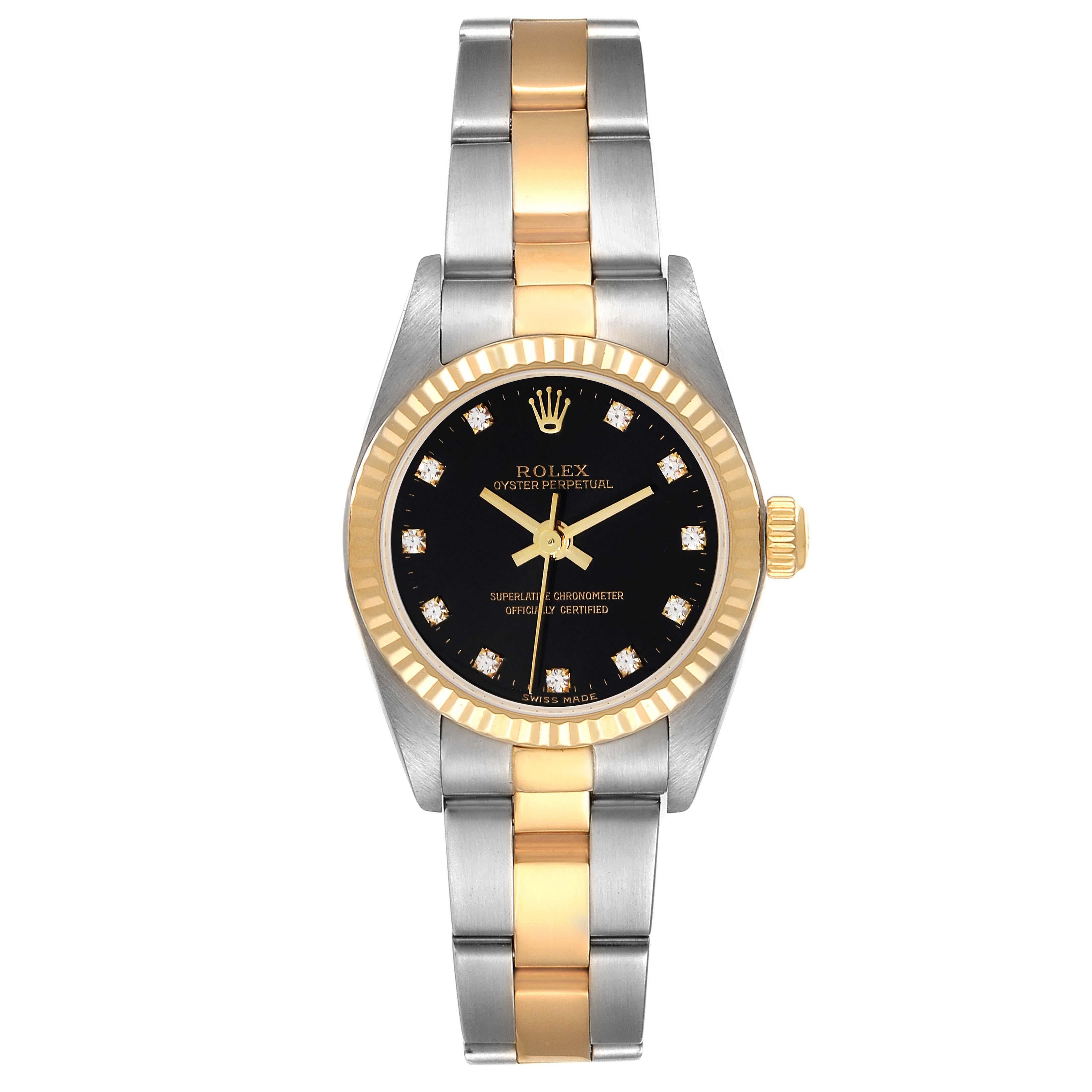 Rolex Oyster Perpetual Steel Yellow Gold Diamond Ladies Watch 76193. Officially certified chronometer self-winding movement. Stainless steel oyster case 24.0 mm in diameter. Rolex logo on a 18k yellow gold crown. 18k yellow gold fluted bezel.