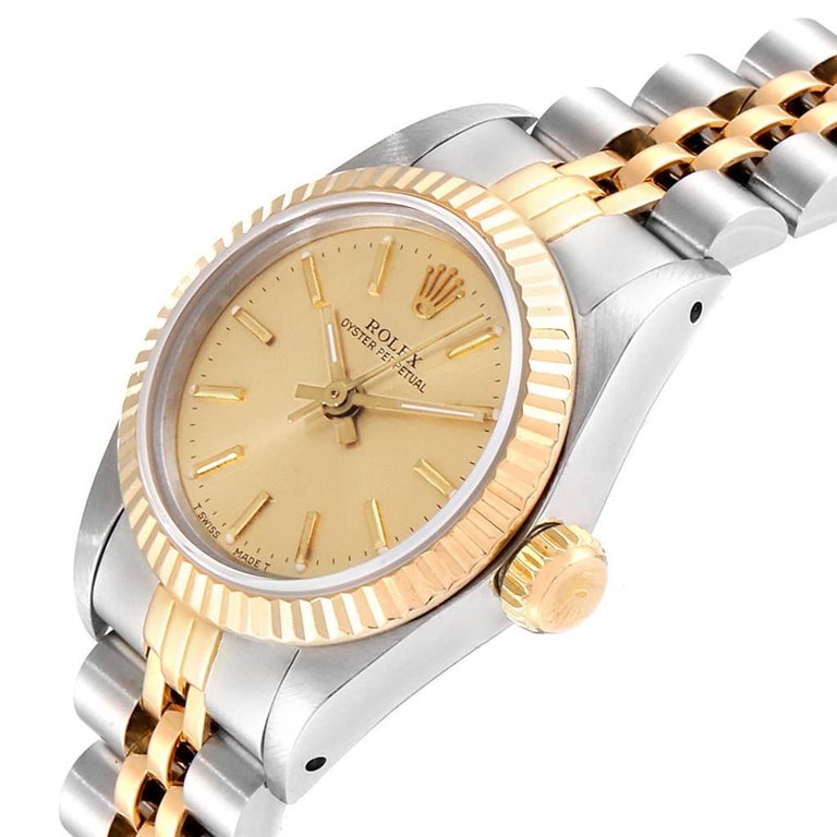 Rolex Oyster Perpetual Steel Yellow Gold Fluted Bezel Ladies Watch 67193 For Sale At 1stdibs