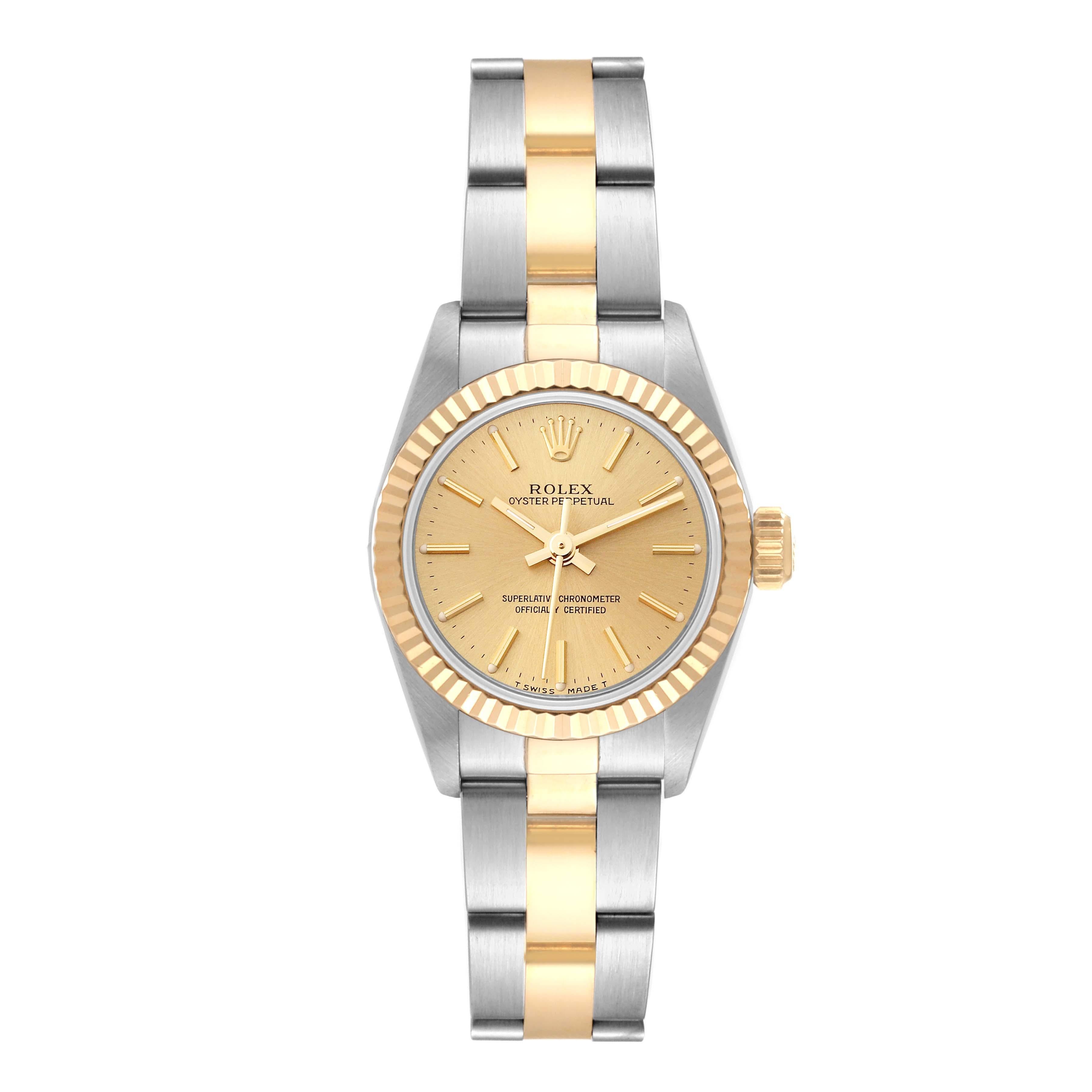 Rolex Oyster Perpetual Steel Yellow Gold Ladies Watch 67193. Officially certified chronometer automatic self-winding movement. Stainless steel oyster case 24.0 mm in diameter. Rolex logo on an 18k yellow gold crown. 18k yellow gold fluted bezel.