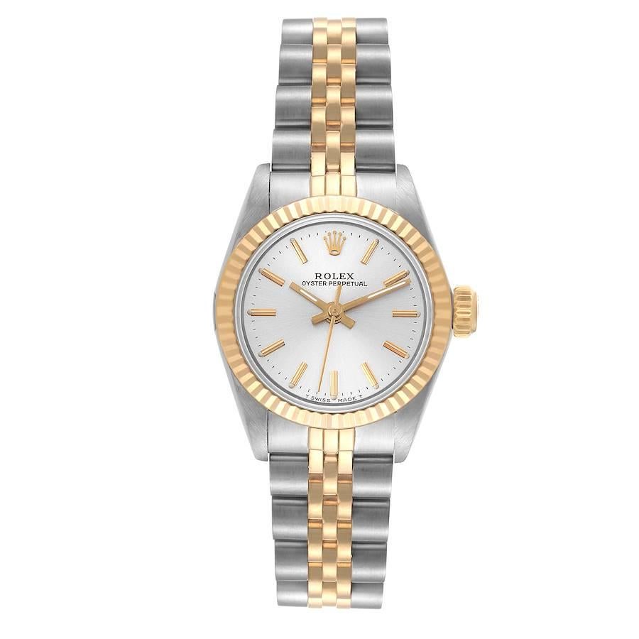 Rolex Oyster Perpetual Steel Yellow Gold Silver Dial Ladies Watch 67193. Officially certified chronometer automatic self-winding movement. Stainless steel oyster case 24.0 mm in diameter. Rolex logo on an 18k yellow gold crown. 18k yellow gold
