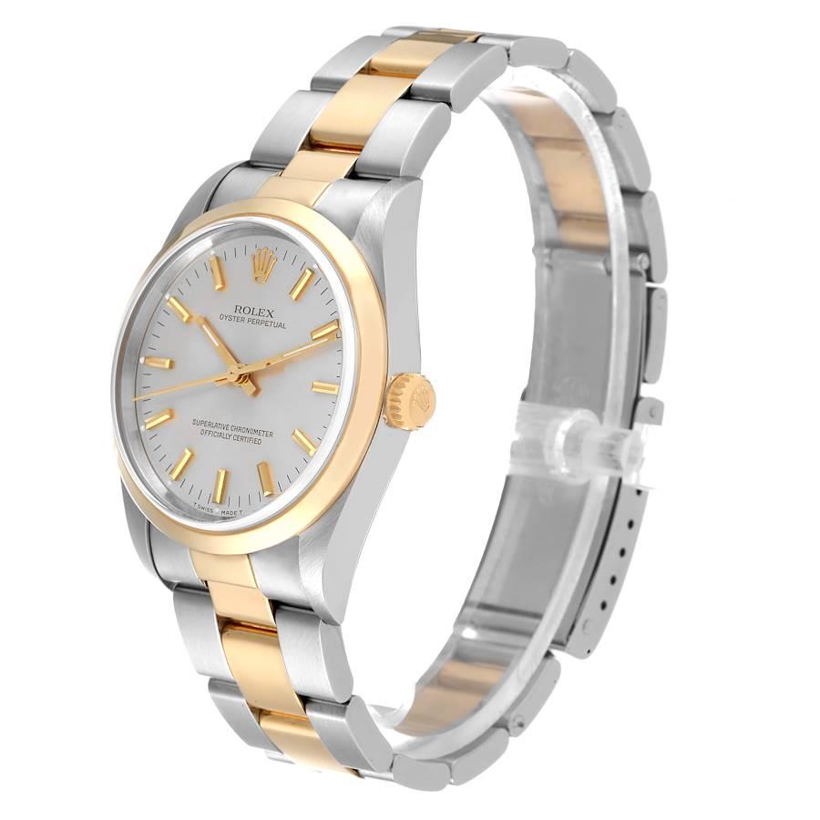 Rolex Oyster Perpetual Steel Yellow Gold Silver Dial Mens Watch 14203 In Excellent Condition In Atlanta, GA