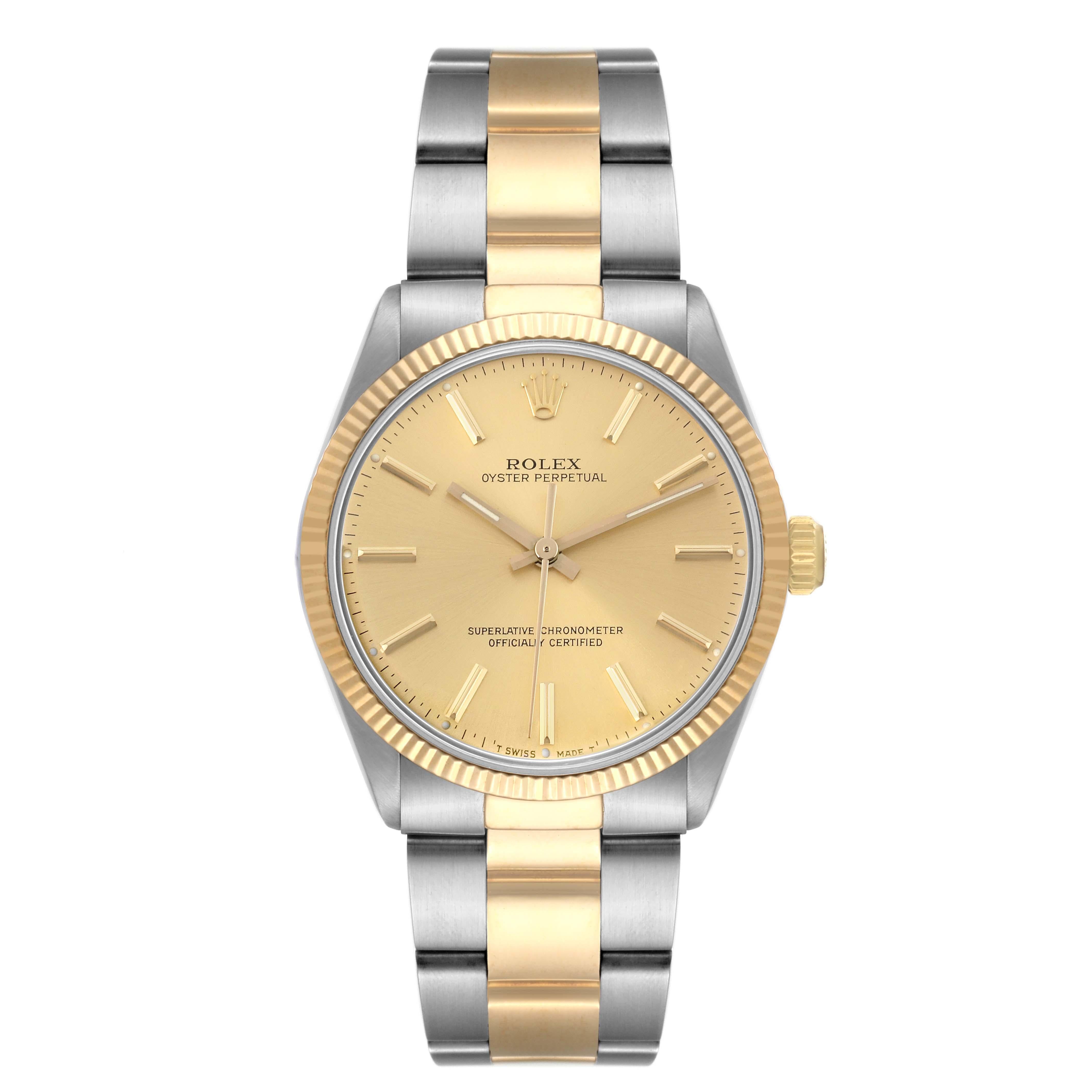 Rolex Oyster Perpetual Steel Yellow Gold Vintage Mens Watch 1005. Officially certified chronometer self-winding movement. Stainless steel and 18K yellow gold oyster case 34.0 mm in diameter.  Rolex logo on a crown. 18K yellow gold fluted bezel.