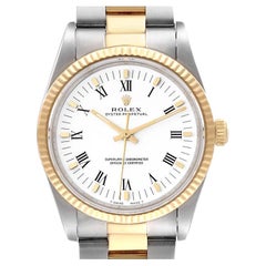 Rolex Oyster Perpetual Steel Yellow Gold White Roman Dial Mens Watch 14233