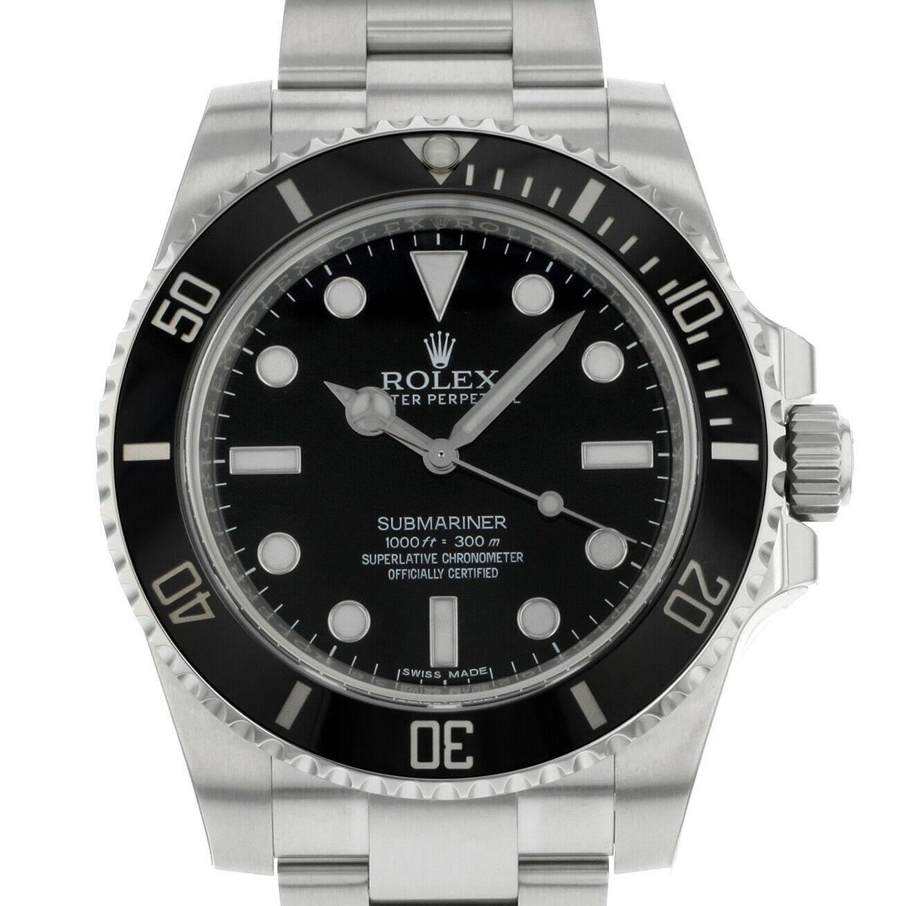 This pre-owned Rolex Submariner 114060 is a beautiful men's timepiece that is powered by an automatic movement which is cased in a stainless steel case. It has a round shape face, no features dial and has hand sticks & dots style markers. It is