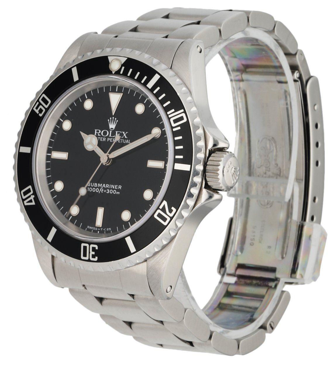 
Rolex Oyster Perpetual Submariner No Date 14060 Men's Watch. 40mm stainless steel case. Unidirectional rotating bezel with black bezel insert. Black dial with steel Tritium hands and hour markers. Stainless steel Oyster bracelet with a fold-over