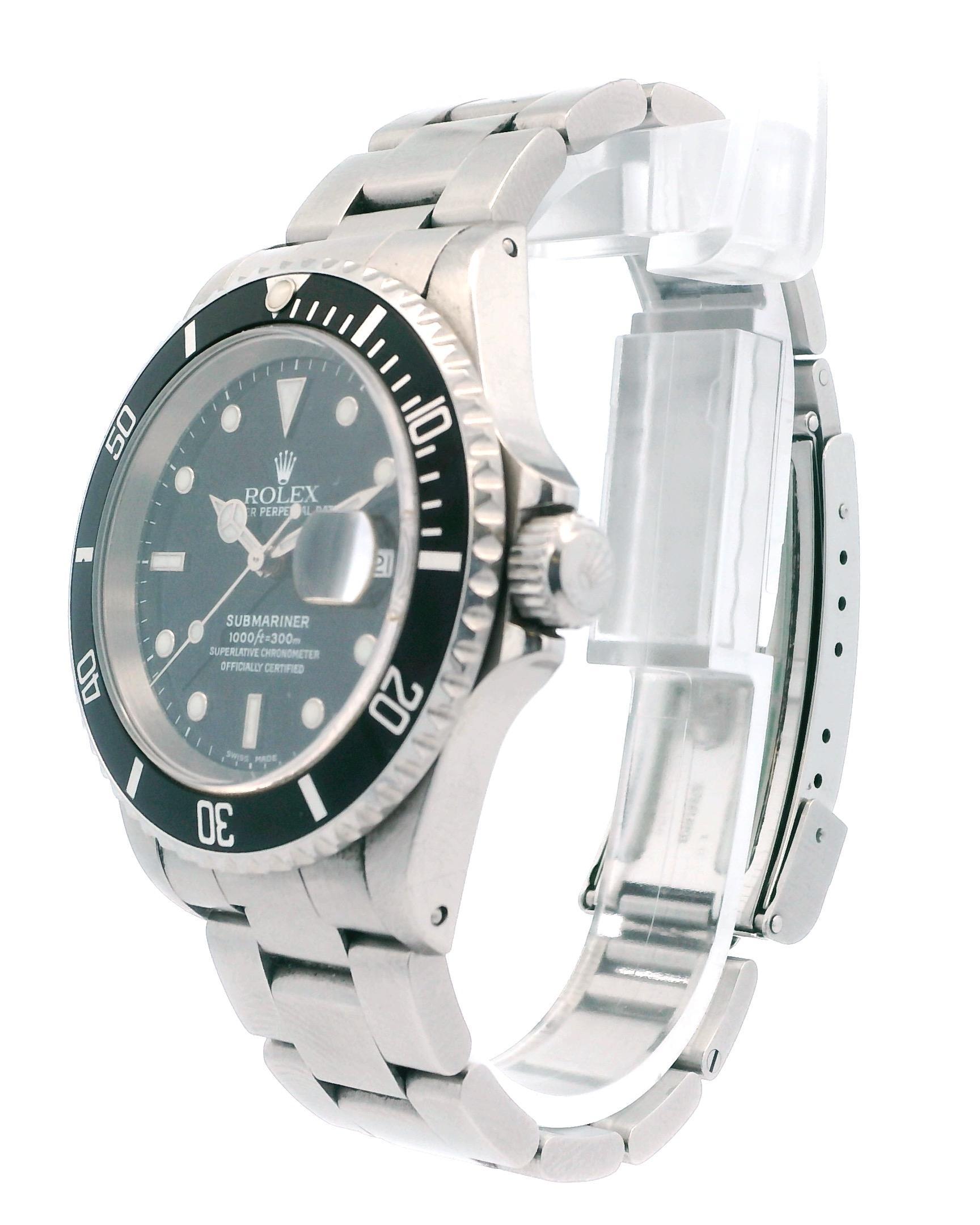 Rolex Oyster Perpetual Submariner 16610 Mens Watch. 40mm Stainless steel case. Unidirectional rotating stainless steel bezel with black bezel insert. Black dial with luminous hands and index hour marker. Date display by the 3 o'clock position.