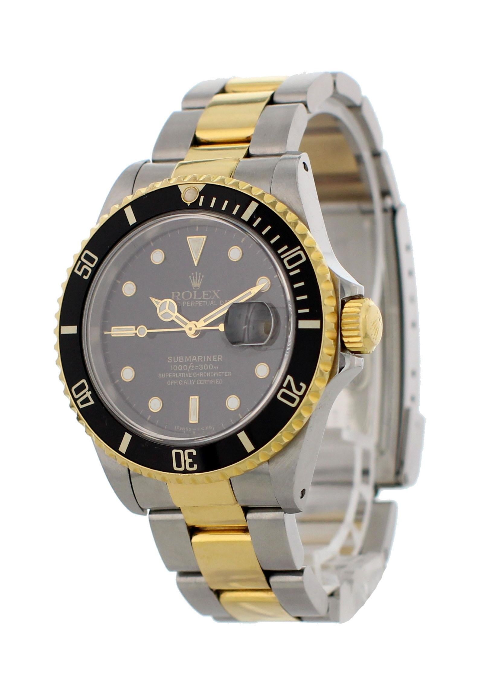 Rolex oyster perpetual Submariner Date 16613 Mens Watch. 40mm Stainless steel case.18k yellow gold bezel with black bezel insert. Black dial with gold luminous hands and markers. 18k yellow gold and stainless steel Oyster band. Will fit up to a