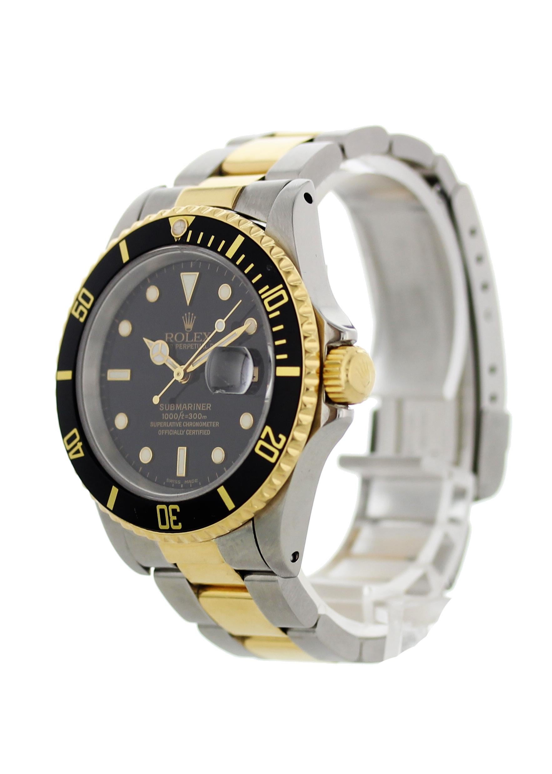 Rolex oyster perpetual Submariner Date 18k 16613 Mens Watch. 40mm Stainless steel case.18k yellow gold bezel with black bezel insert. Black dial with gold luminous hands and markers. 18k yellow gold and stainless steel Oyster band. Stainless steel