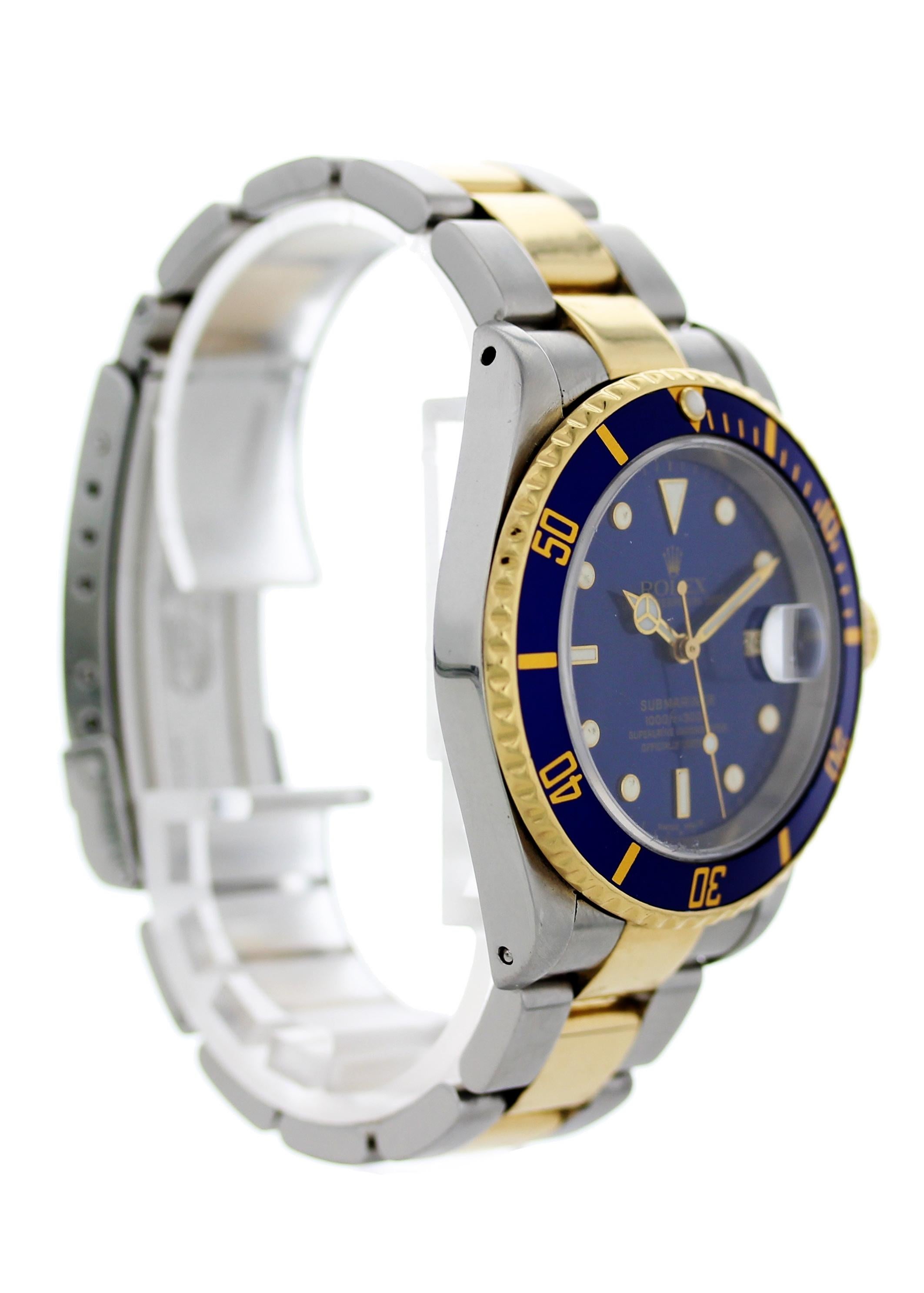 Rolex oyster perpetual Submariner Date 18k 16613 Mens Watch. 40mm Stainless steel case.18k yellow gold bezel with blue bezel insert. Blue dial with gold luminous hands and markers. 18k yellow gold and stainless steel Oyster band. Will fit up to a 7