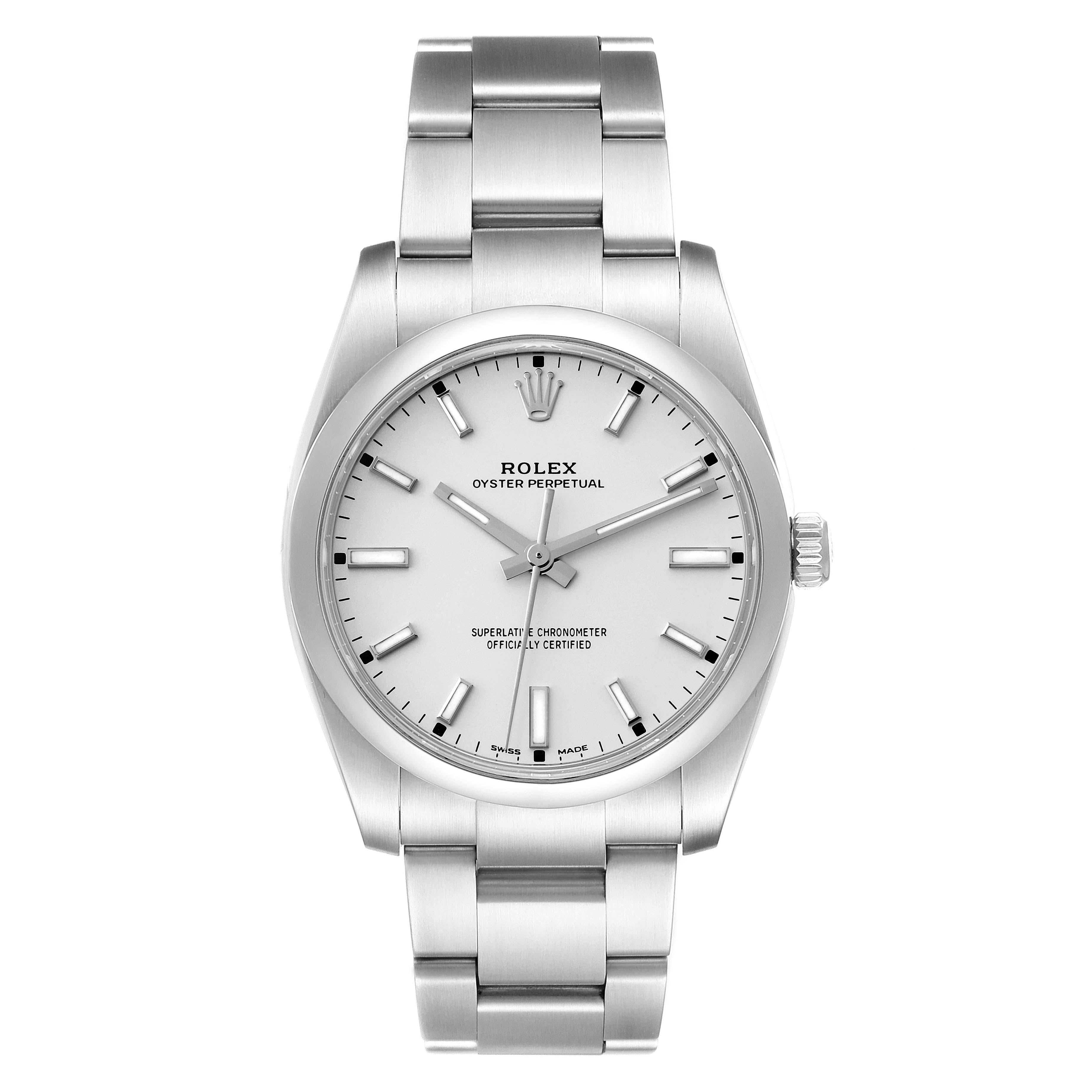 Rolex Oyster Perpetual White Dial Smooth Bezel Steel Mens Watch 114200. Officially certified chronometer self-winding movement. Stainless steel case 34 mm in diameter. Rolex logo on a crown. Stainless steel smooth domed bezel. Scratch resistant