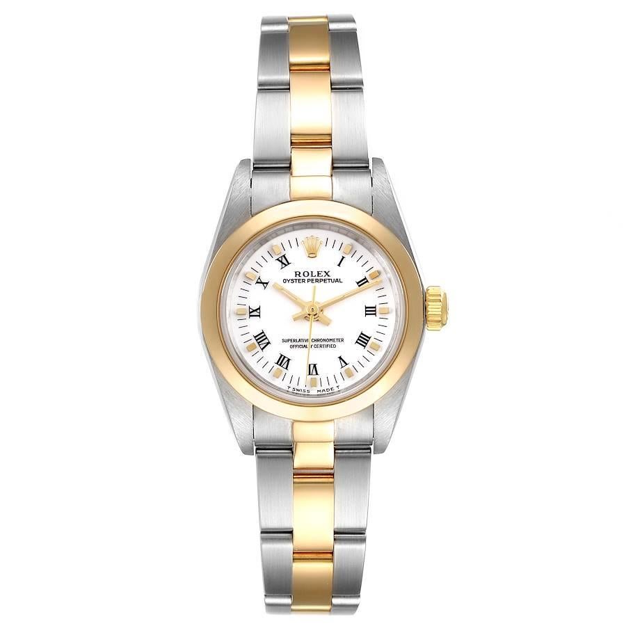 Rolex Oyster Perpetual Weißes Zifferblatt Stahl Gelbgold Damenuhr 76183. Offiziell zertifiziertes Chronometerwerk mit automatischem Aufzug. Austerngehäuse aus Edelstahl mit einem Durchmesser von 24,0 mm. Rolex-Logo auf einer Krone aus 18 Karat