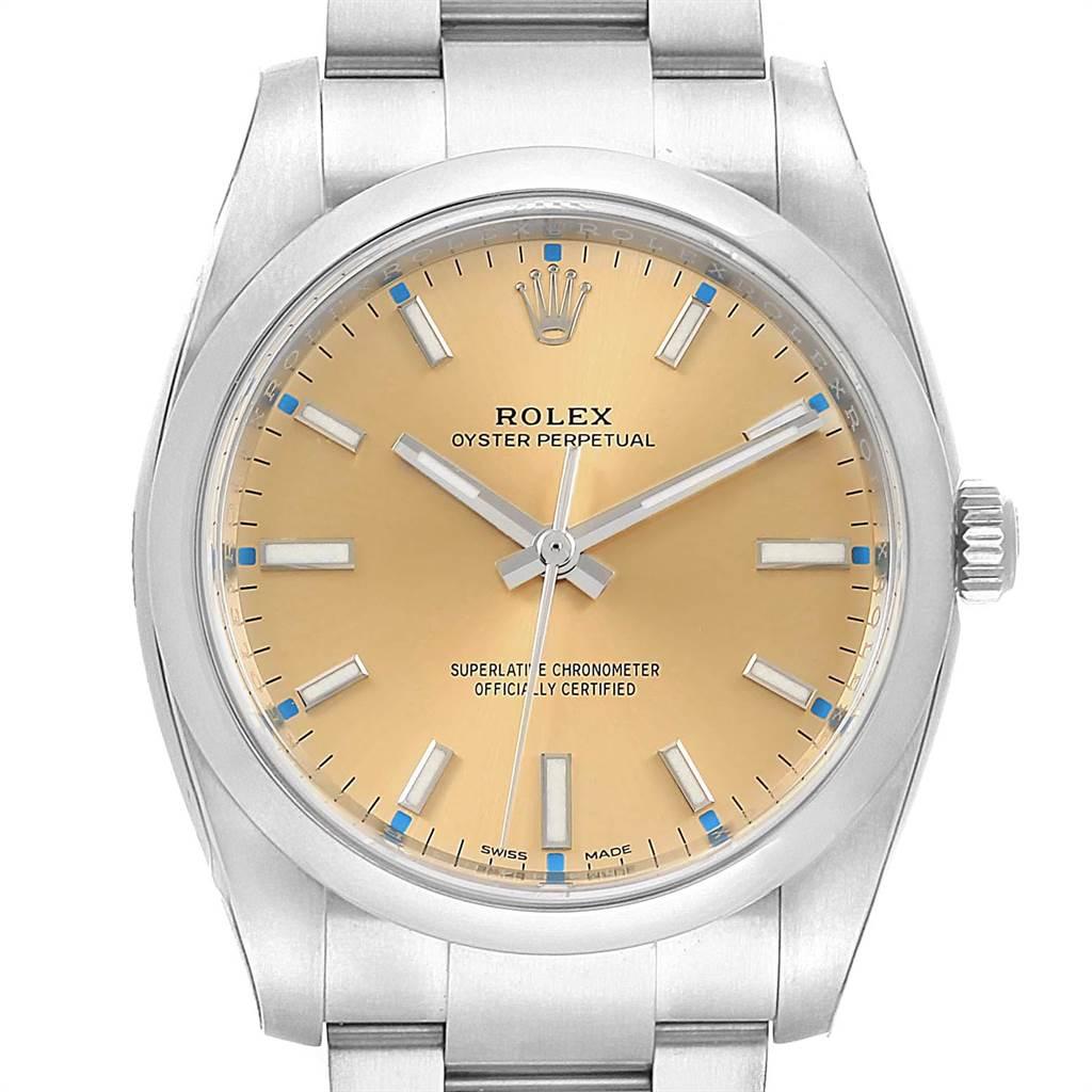 Rolex Oyster Perpetual White Grape Dial Steel Watch 114200 Unworn. Officially certified chronometer self-winding movement. Stainless steel case 34.0 mm in diameter. Rolex logo on a crown. Stainless steel smooth domed bezel. Scratch resistant